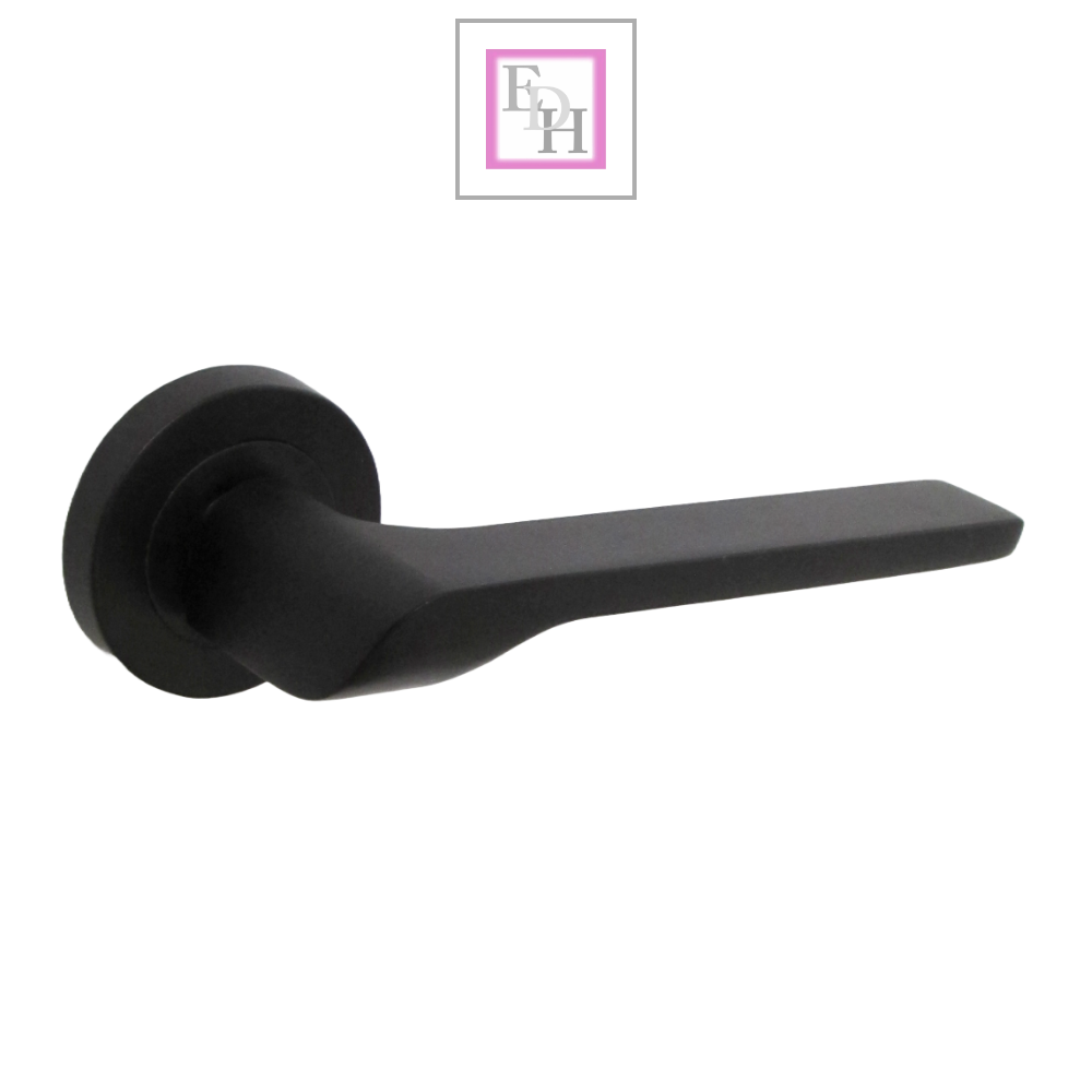 Modern Matt Black Lever on Rose Plate Door Handle Set with Tubular Latch – 1 Pairs, 52mm Round Rose Plate & 127mm Lever Handle – Contemporary Interior Door Hardware