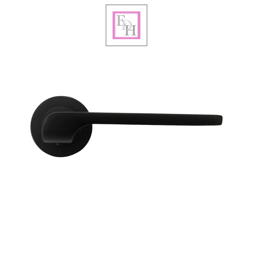 Modern Matt Black Lever on Rose Plate Door Handle Set with Tubular Latch – 1 Pairs, 52mm Round Rose Plate & 127mm Lever Handle – Contemporary Interior Door Hardware