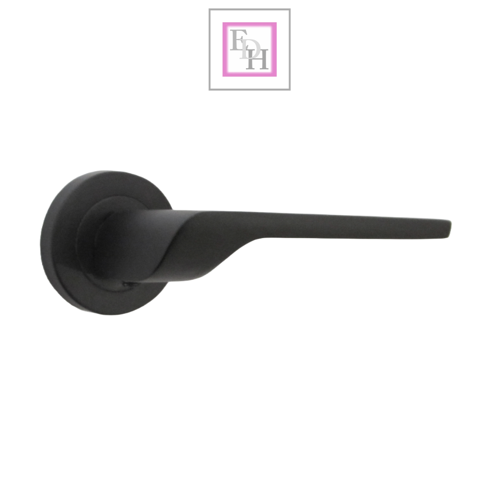 Modern Matt Black Lever on Rose Plate Door Handle Set with Tubular Latch – 1 Pairs, 52mm Round Rose Plate & 127mm Lever Handle – Contemporary Interior Door Hardware
