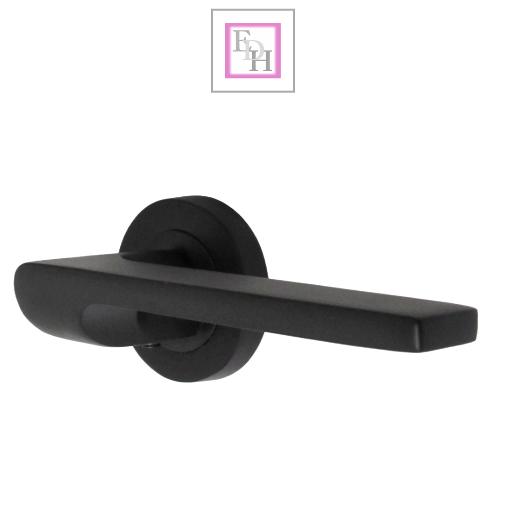 Modern Matt Black Lever on Rose Plate Door Handle Set with Tubular Latch – 1 Pairs, 52mm Round Rose Plate & 127mm Lever Handle – Contemporary Interior Door Hardware
