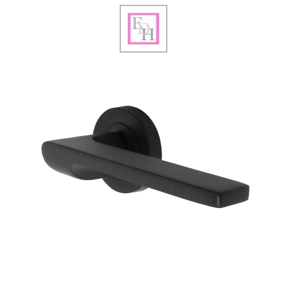 Modern Matt Black Lever on Rose Plate Door Handle Set with Tubular Latch – 1 Pairs, 52mm Round Rose Plate & 127mm Lever Handle – Contemporary Interior Door Hardware