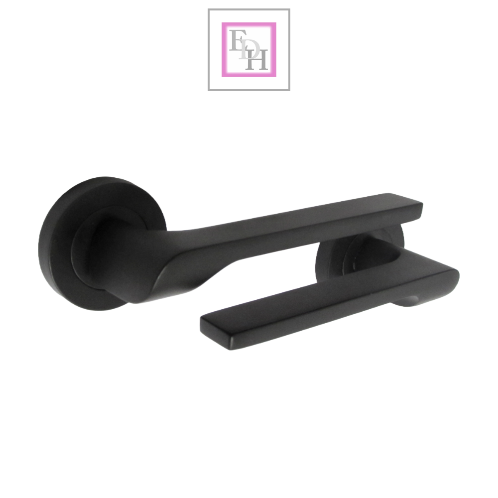Modern Matt Black Lever on Rose Plate Door Handle Set with Tubular Latch – 1 Pairs, 52mm Round Rose Plate & 127mm Lever Handle – Contemporary Interior Door Hardware