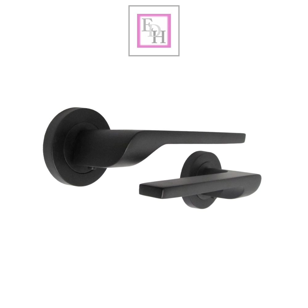 Modern Matt Black Lever on Rose Plate Door Handle Set with Tubular Latch – 1 Pairs, 52mm Round Rose Plate & 127mm Lever Handle – Contemporary Interior Door Hardware