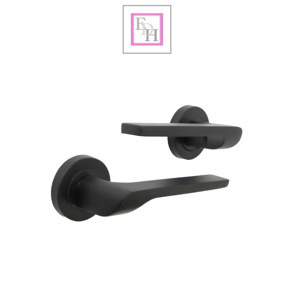 Modern Matt Black Lever on Rose Plate Door Handle Set with Tubular Latch – 1 Pairs, 52mm Round Rose Plate & 127mm Lever Handle – Contemporary Interior Door Hardware