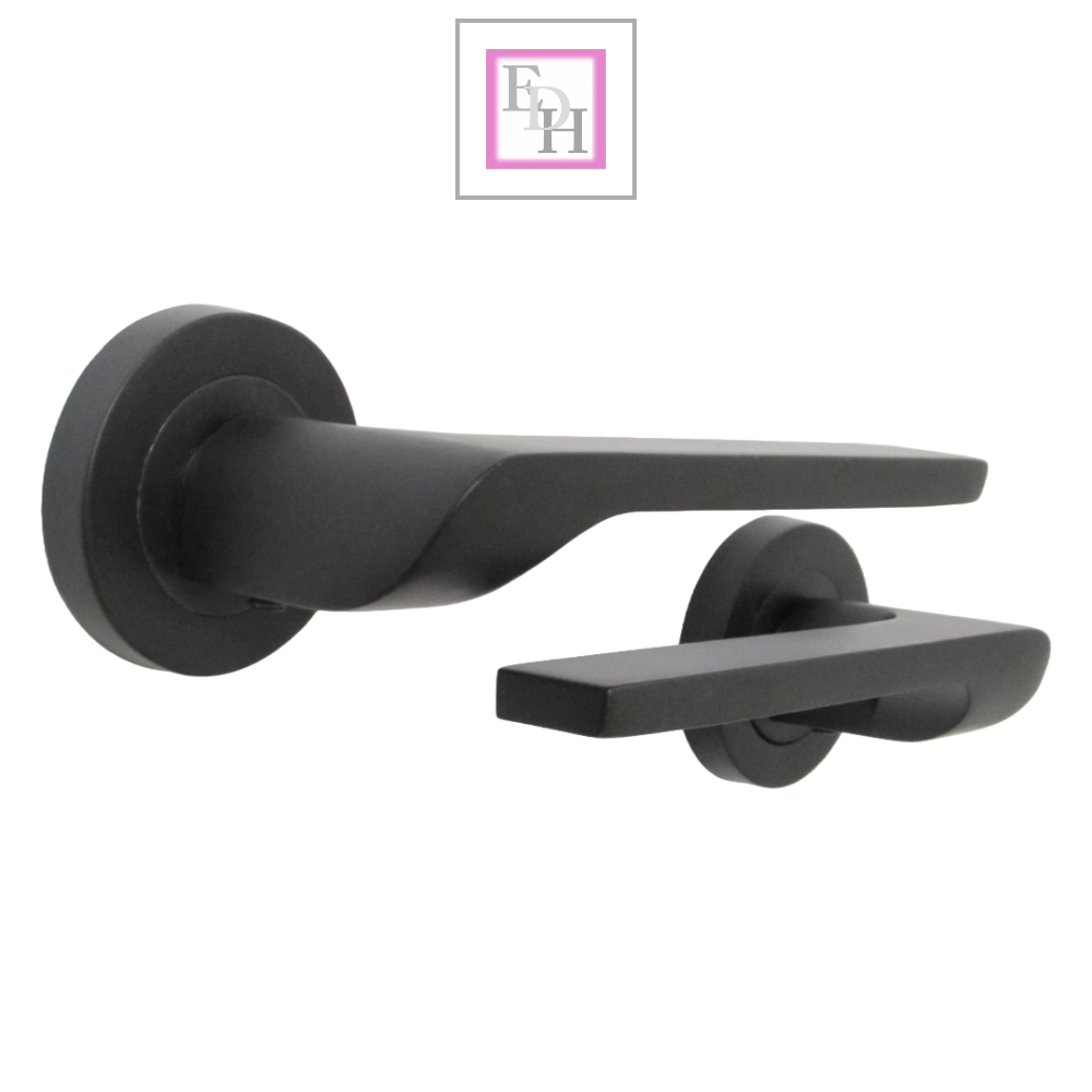 Modern Matt Black Lever on Rose Plate Door Handle Set with Tubular Latch – 1 Pairs, 52mm Round Rose Plate & 127mm Lever Handle – Contemporary Interior Door Hardware