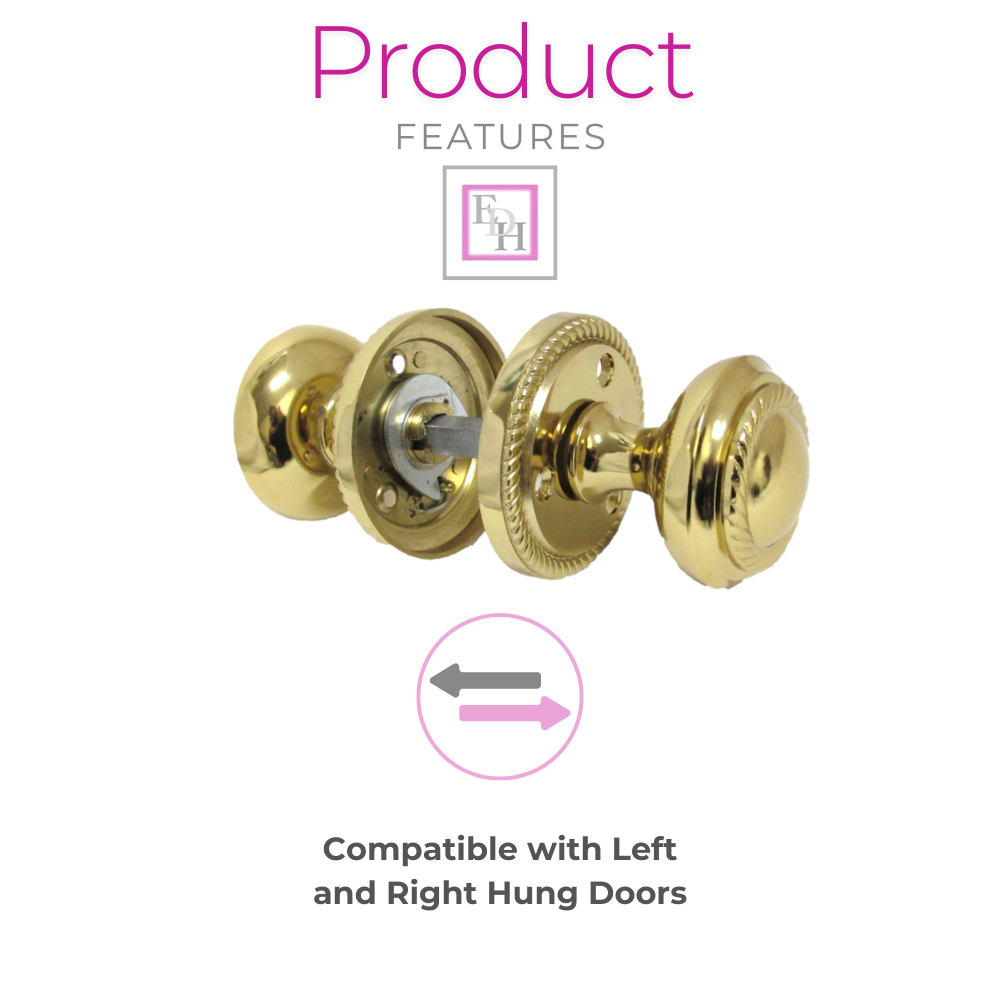 Brass Plated Round Georgian Style Sprung Internal & External Door Knob Set for Mortice Locks & Tubular latches (6 Pairs)