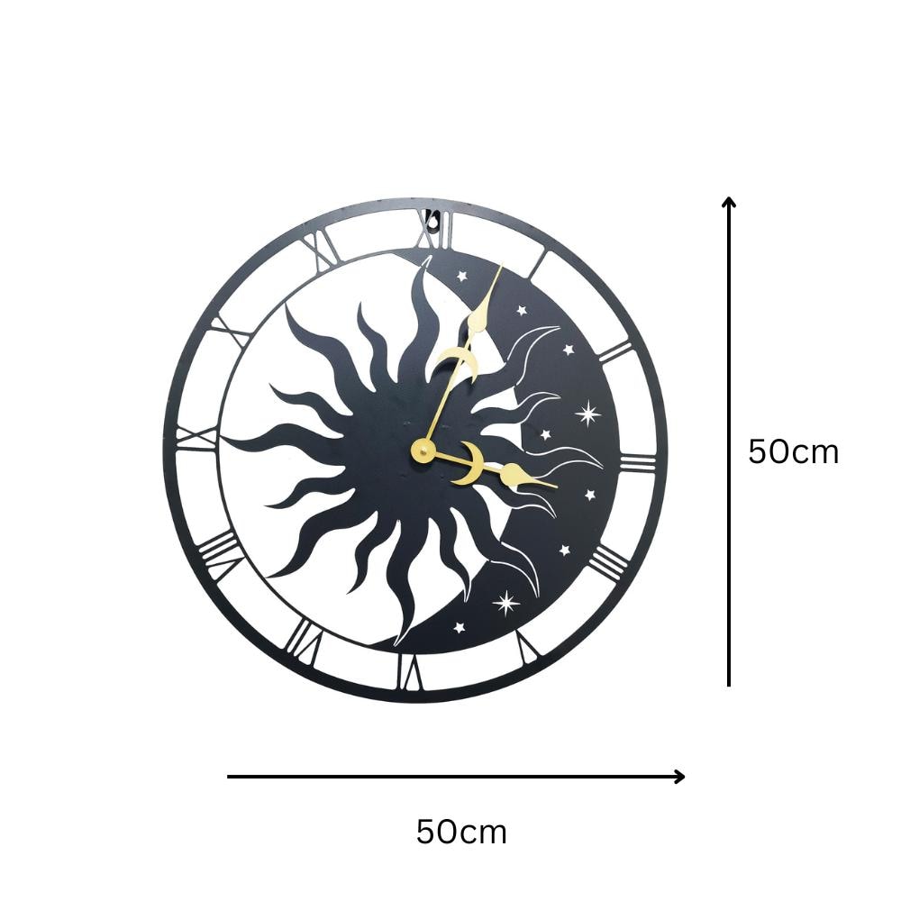 Sun & Moon Silhouette Wall Clock (50cm x 50cm x 2cm) β Large Metal Decorative Indoor and Outdoor Clock for Garden, Living Room and Patio