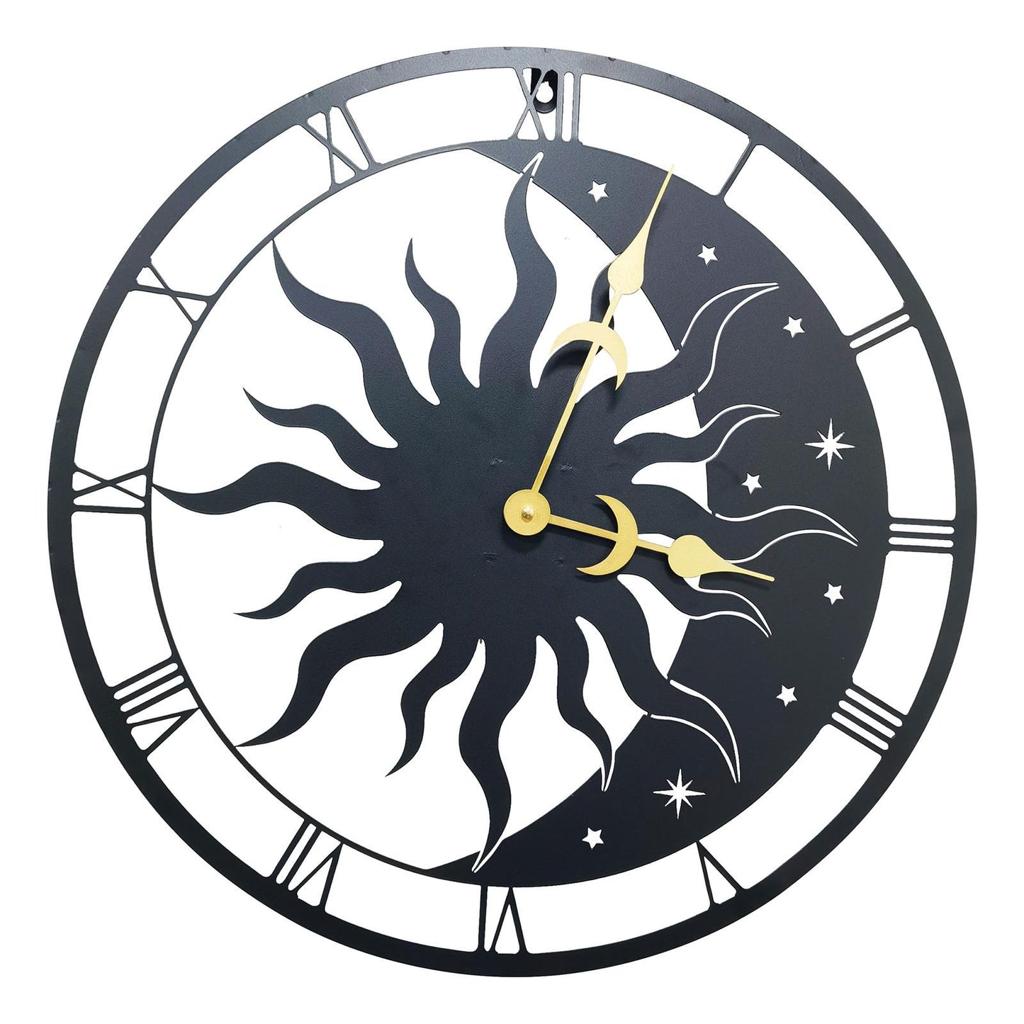 Sun & Moon Silhouette Wall Clock (50cm x 50cm x 2cm) β Large Metal Decorative Indoor and Outdoor Clock for Garden, Living Room and Patio