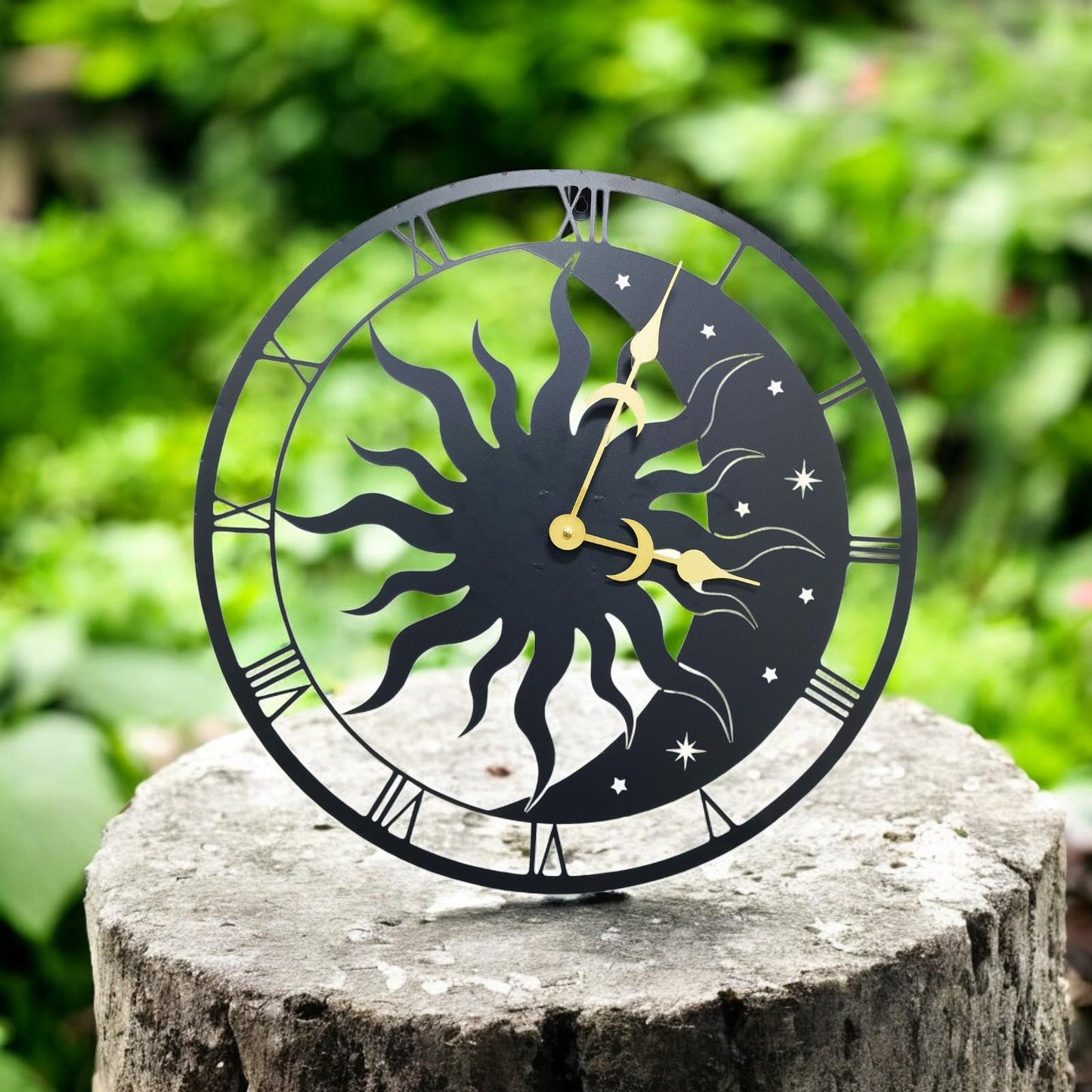 Sun & Moon Silhouette Wall Clock (50cm x 50cm x 2cm) β Large Metal Decorative Indoor and Outdoor Clock for Garden, Living Room and Patio