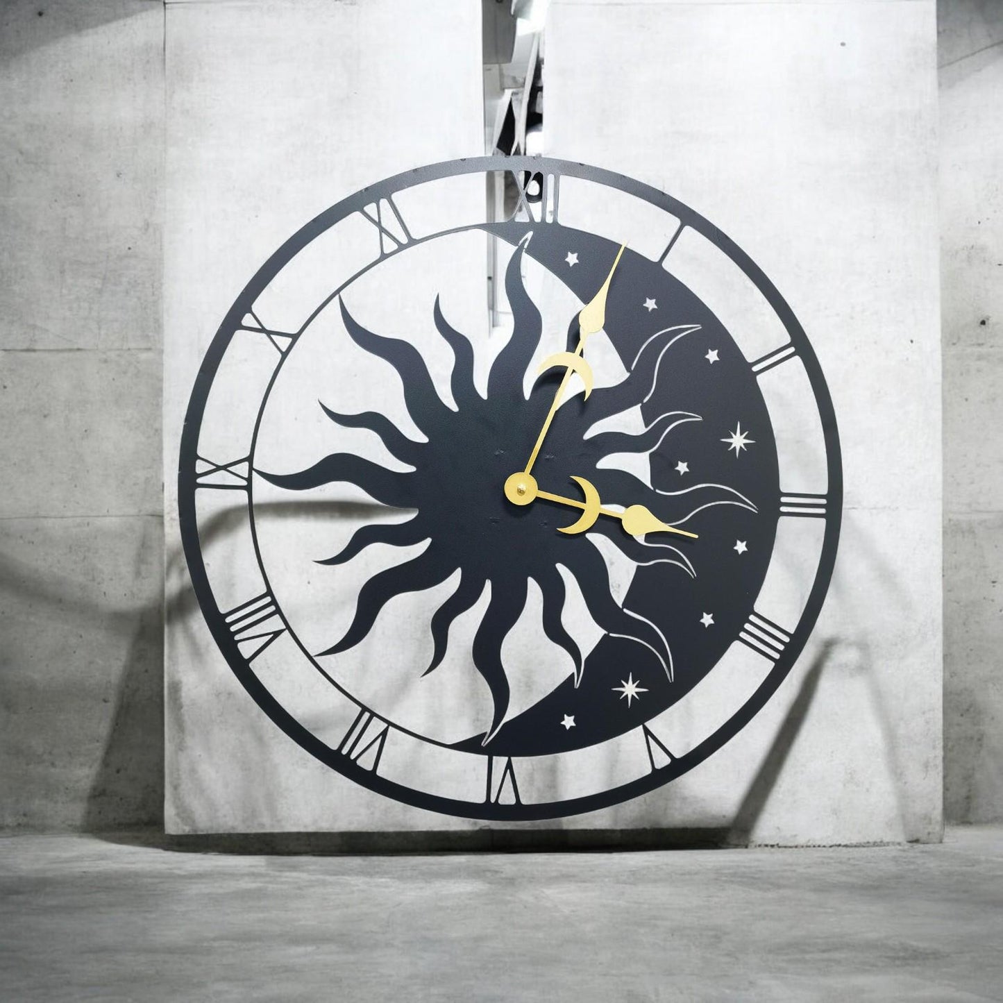 Sun & Moon Silhouette Wall Clock (50cm x 50cm x 2cm) β Large Metal Decorative Indoor and Outdoor Clock for Garden, Living Room and Patio