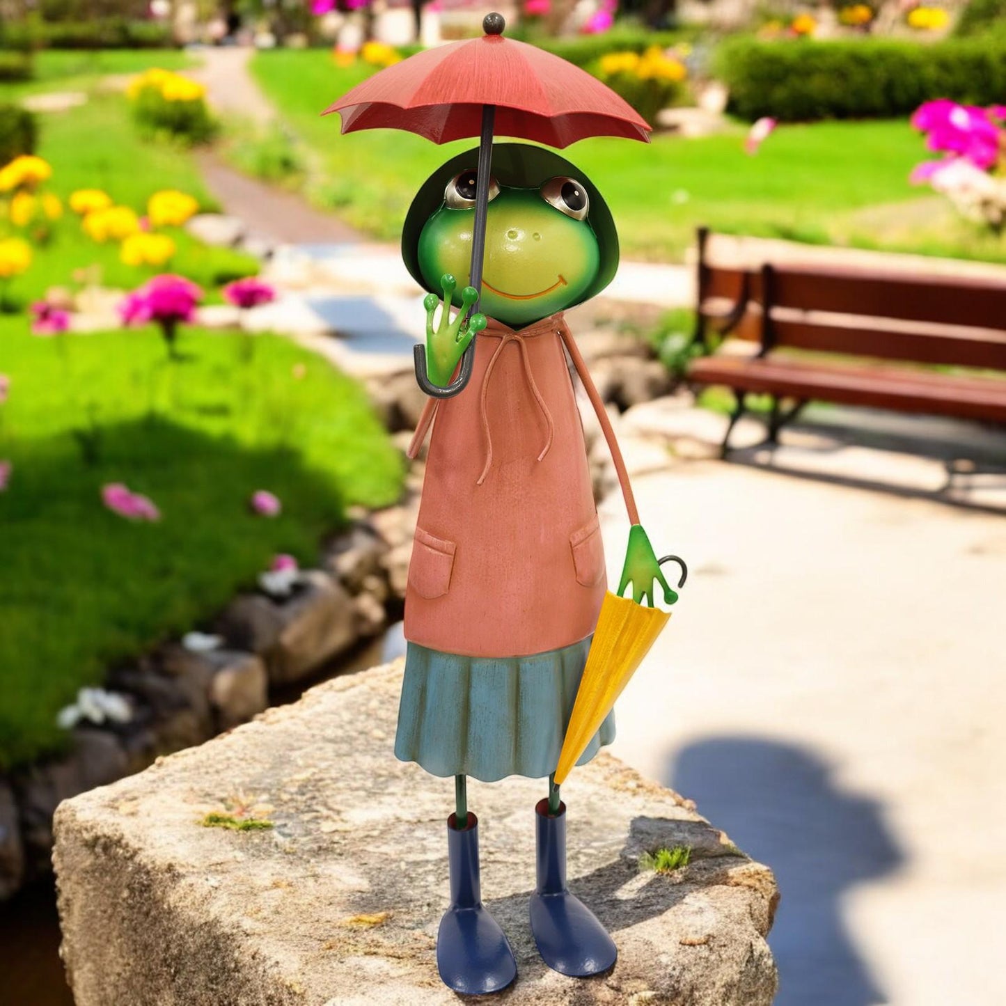 Metal Orange Soggy Froggy (40.5cm x 15cm x 14cm) β Quirky Handcrafted Frog Garden Ornament β Weather-Resistant Metal Frog Statue for Outdoor