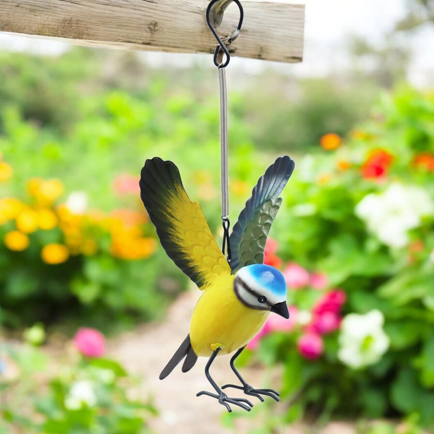 Small Metal Hanging Blue Tit(14cm x 10cm x 10cm)– Handcrafted Weather-Resistant Bird Ornament –Decorative Hanging Robin Garden Sculpture