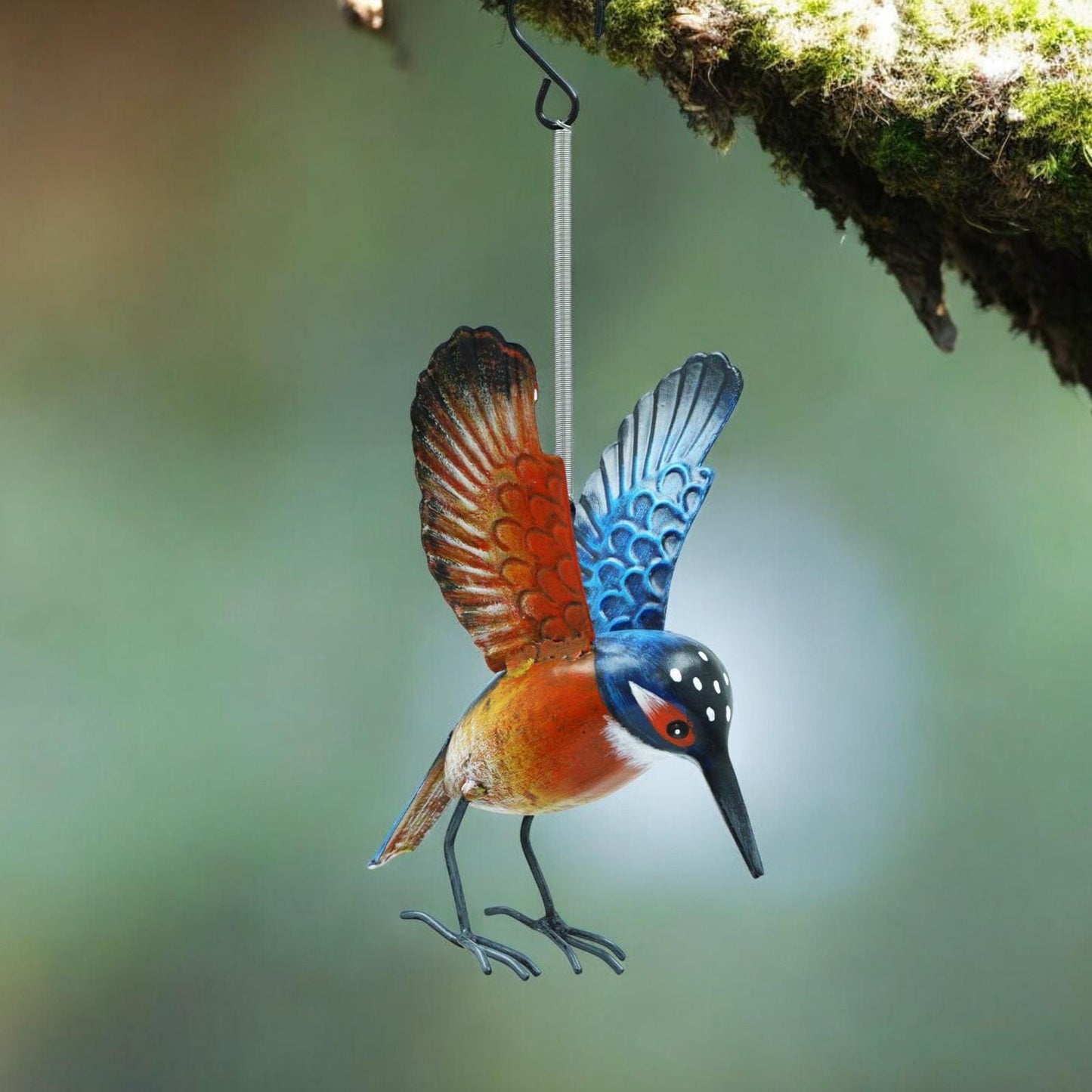 Small Metal Hanging Kingfisher(14cm x 10cm x 10cm) – Handcrafted Weather-Resistant Bird Ornament –Decorative Hanging Robin Garden Sculpture