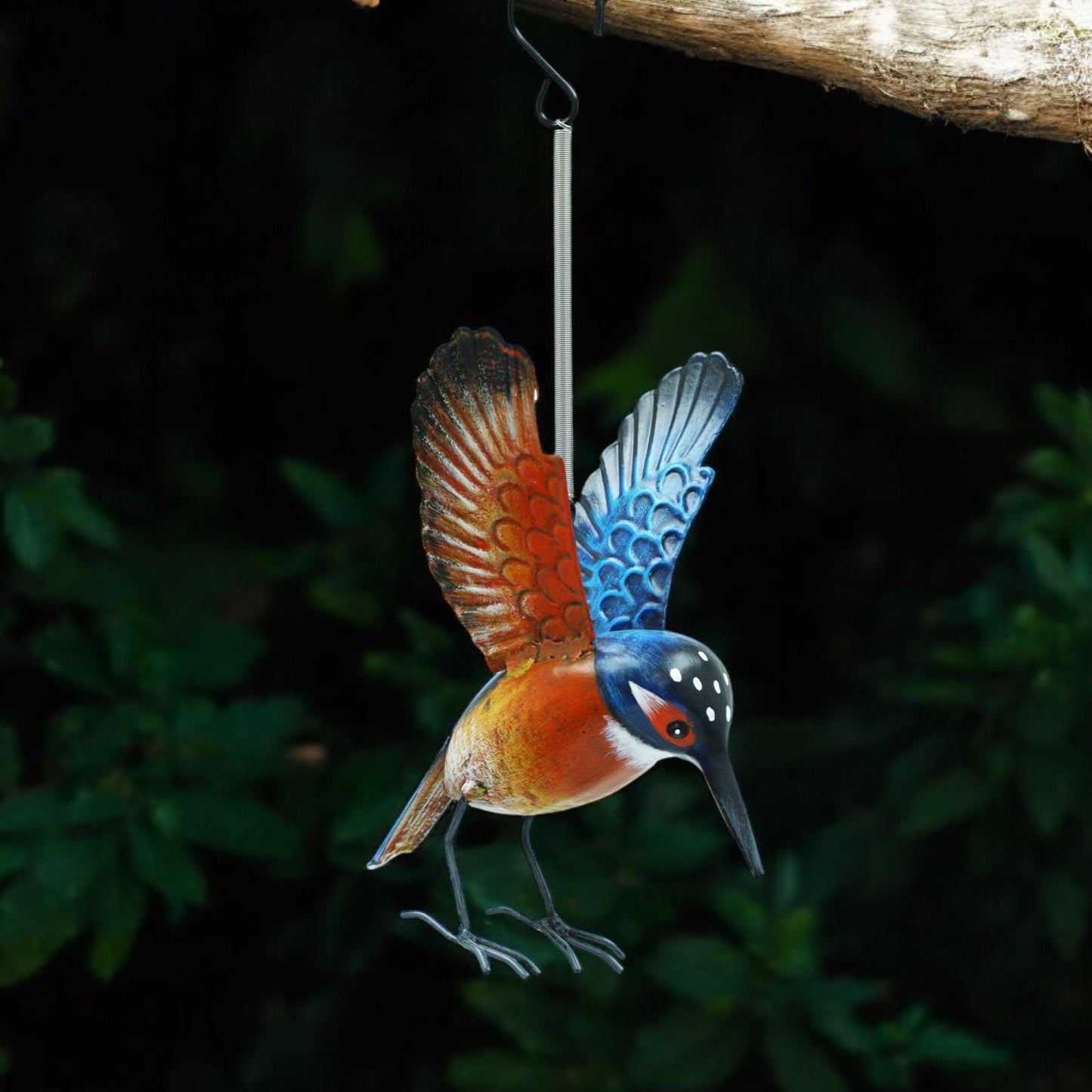 Small Metal Hanging Kingfisher(14cm x 10cm x 10cm) – Handcrafted Weather-Resistant Bird Ornament –Decorative Hanging Robin Garden Sculpture