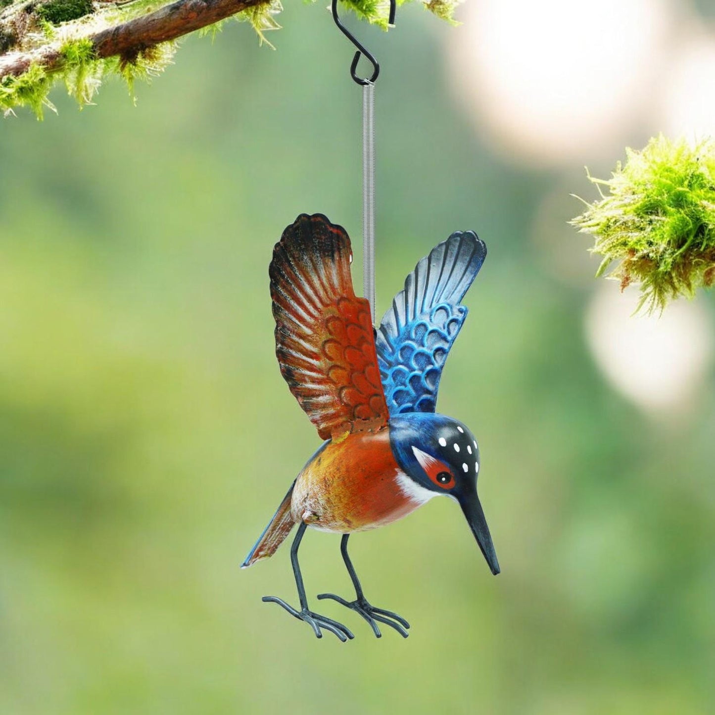 Small Metal Hanging Kingfisher(14cm x 10cm x 10cm) – Handcrafted Weather-Resistant Bird Ornament –Decorative Hanging Robin Garden Sculpture