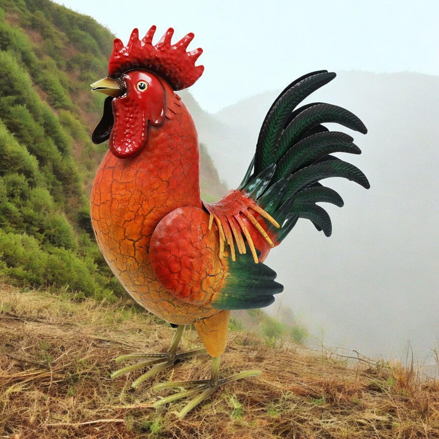 Large Metal Red Cockerel (44cm x 16cm x 36cm) β Handcrafted Rustic Rooster Garden Ornament Farmyard Statue