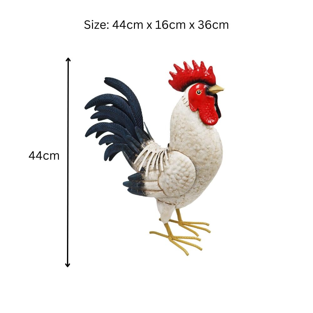 Metal White Cockerel (44cm x 16cm x 36cm) β Handcrafted Rustic Rooster Garden Ornament Farmyard Statue