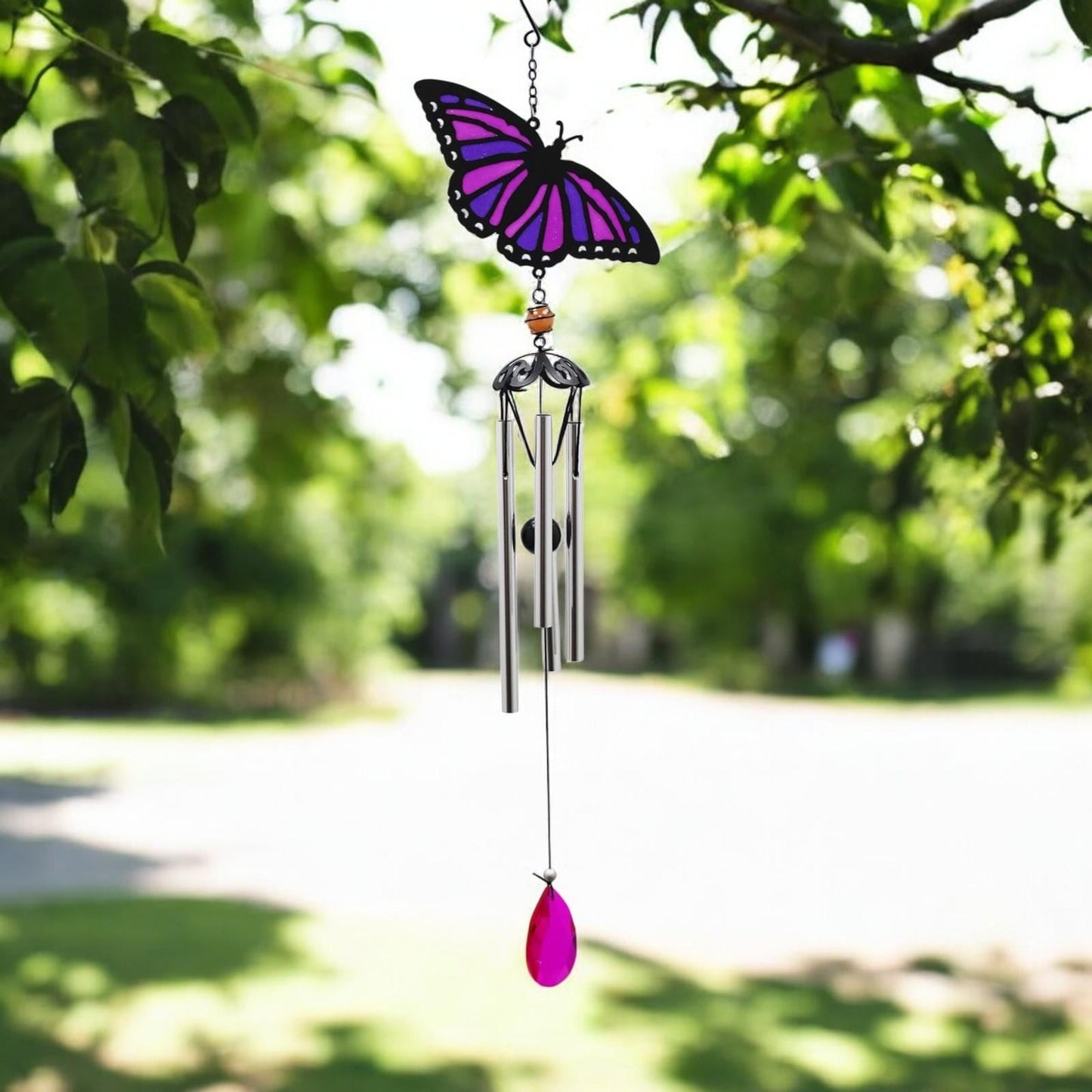 Suncatcher Purple Butterfly Wind Chime (58cm x 14cm x 6cm) β Handmade Metal & Glass Hanging Chime β Outdoor Garden Ornament