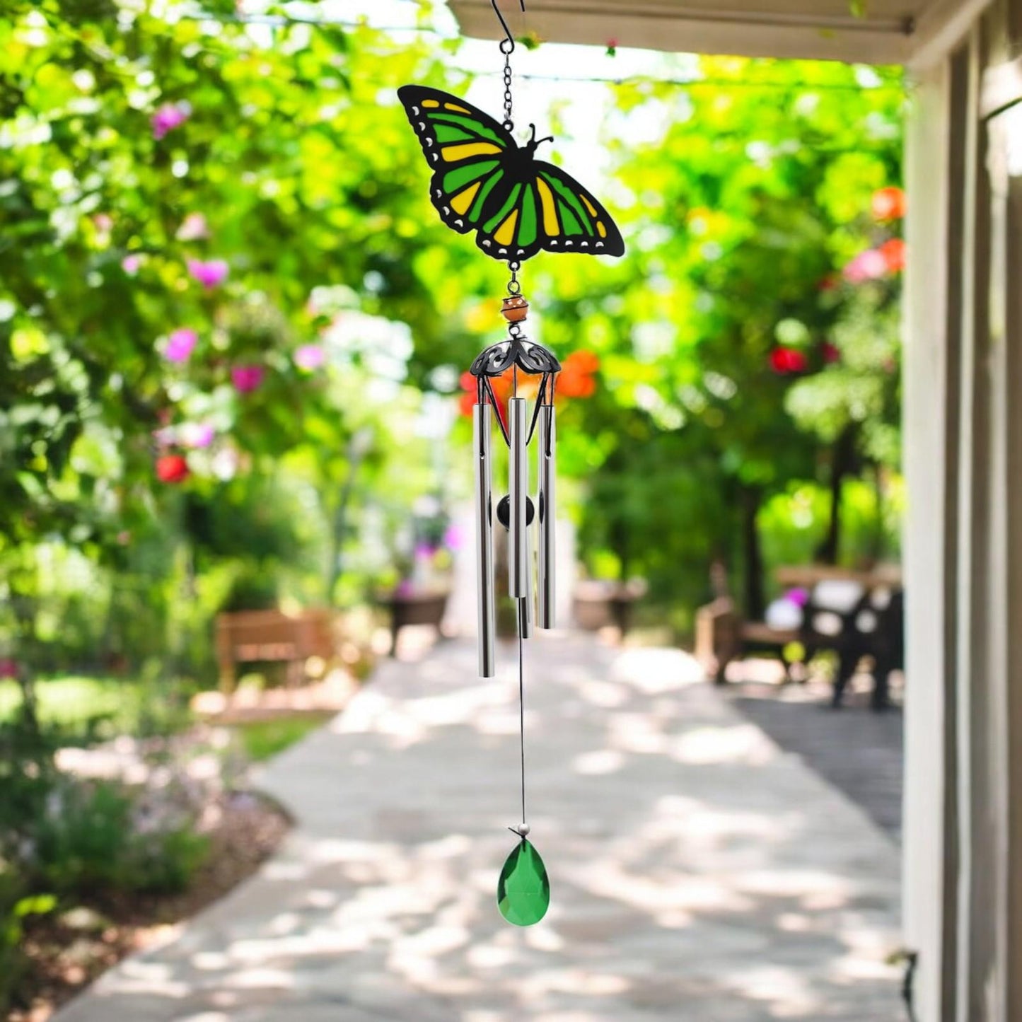 Suncatcher Green Butterfly Wind Chime (58cm x 14cm x 6cm) β Handmade Metal & Glass Hanging Chime β Outdoor Garden Ornament