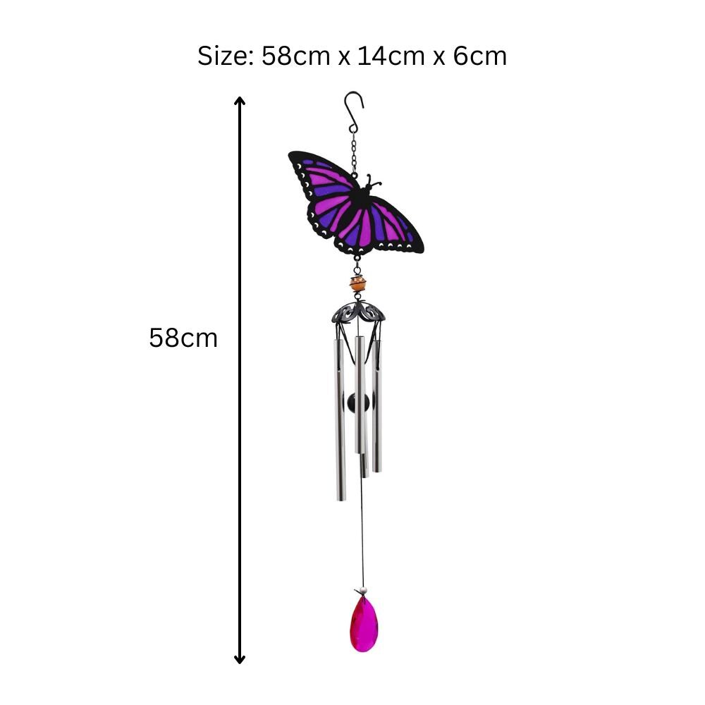 Suncatcher Purple Butterfly Wind Chime (58cm x 14cm x 6cm) β Handmade Metal & Glass Hanging Chime β Outdoor Garden Ornament