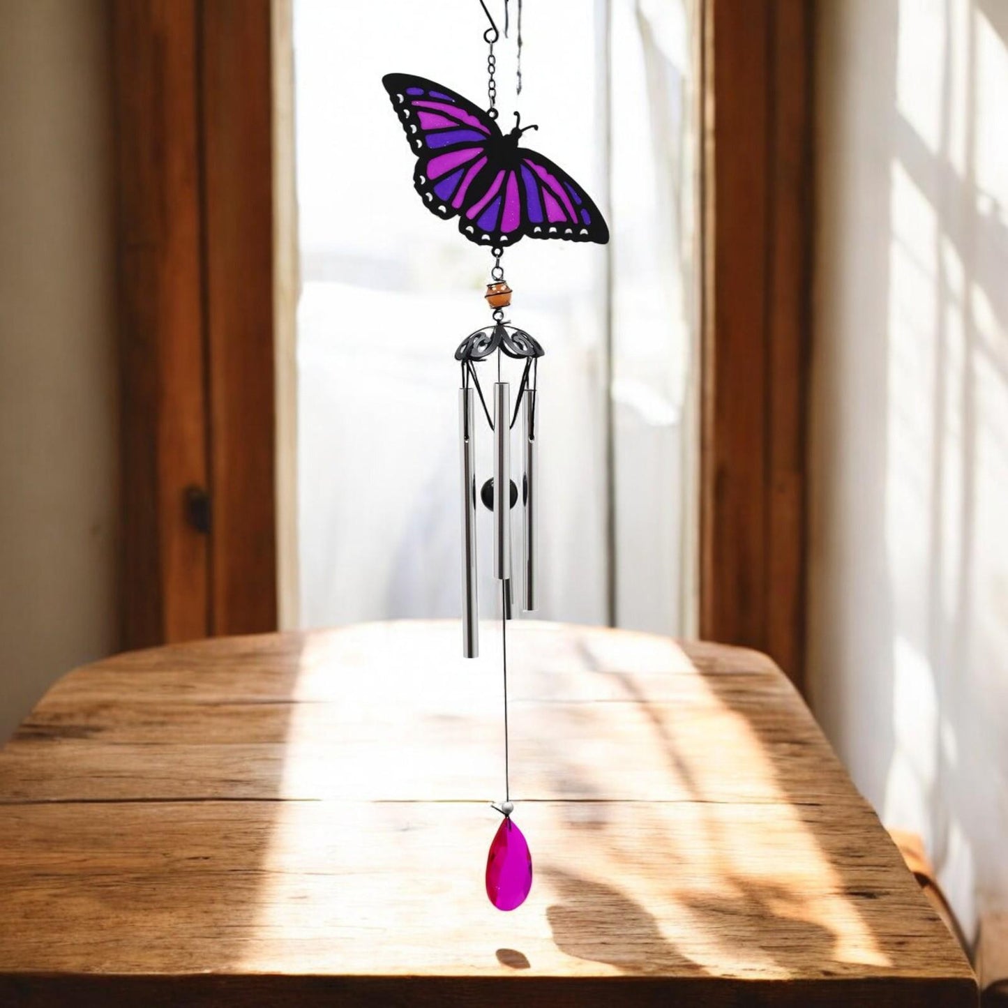 Suncatcher Purple Butterfly Wind Chime (58cm x 14cm x 6cm) β Handmade Metal & Glass Hanging Chime β Outdoor Garden Ornament