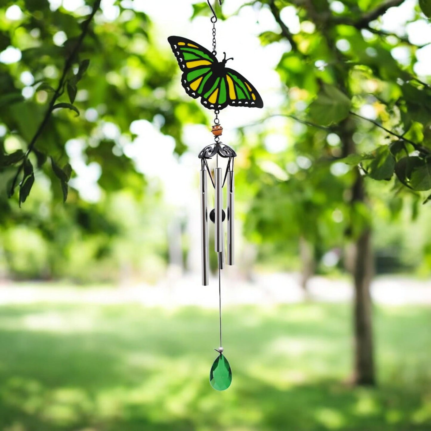 Suncatcher Green Butterfly Wind Chime (58cm x 14cm x 6cm) β Handmade Metal & Glass Hanging Chime β Outdoor Garden Ornament