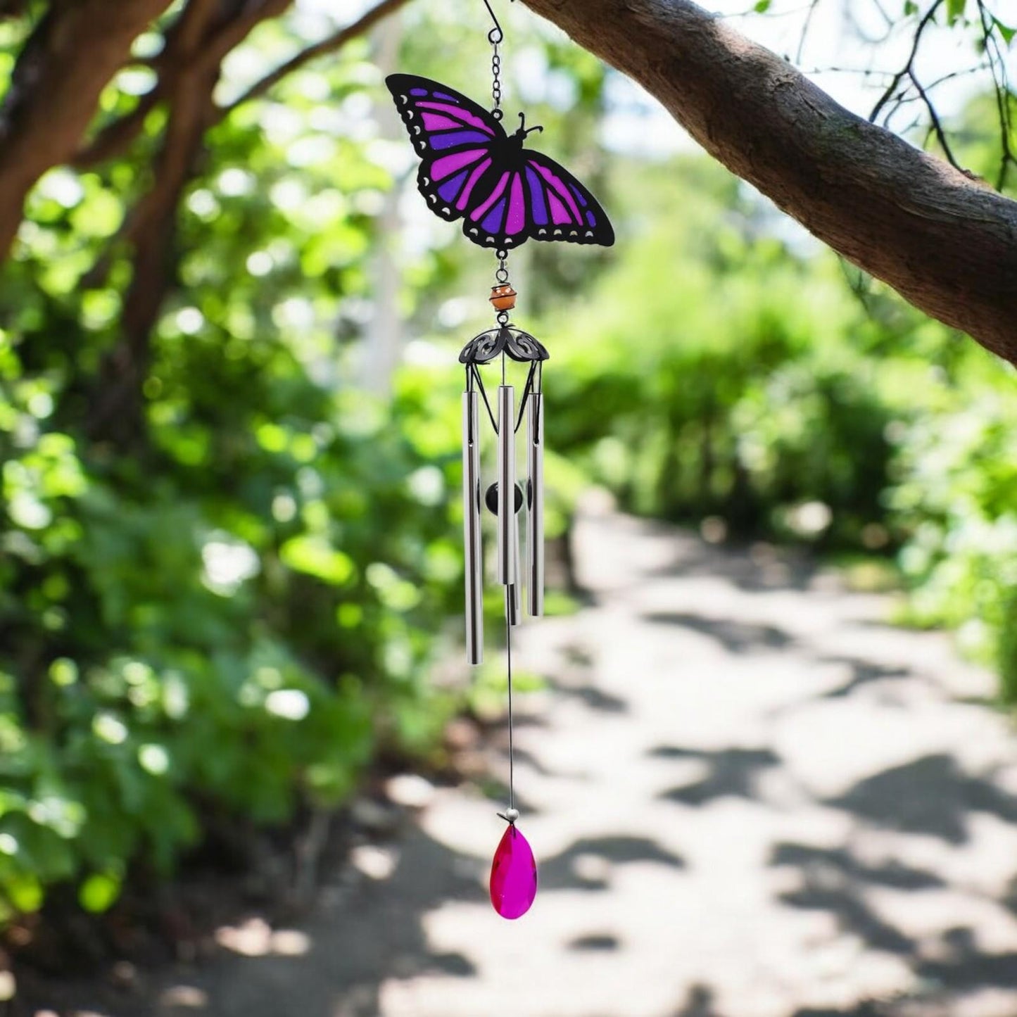 Suncatcher Purple Butterfly Wind Chime (58cm x 14cm x 6cm) β Handmade Metal & Glass Hanging Chime β Outdoor Garden Ornament