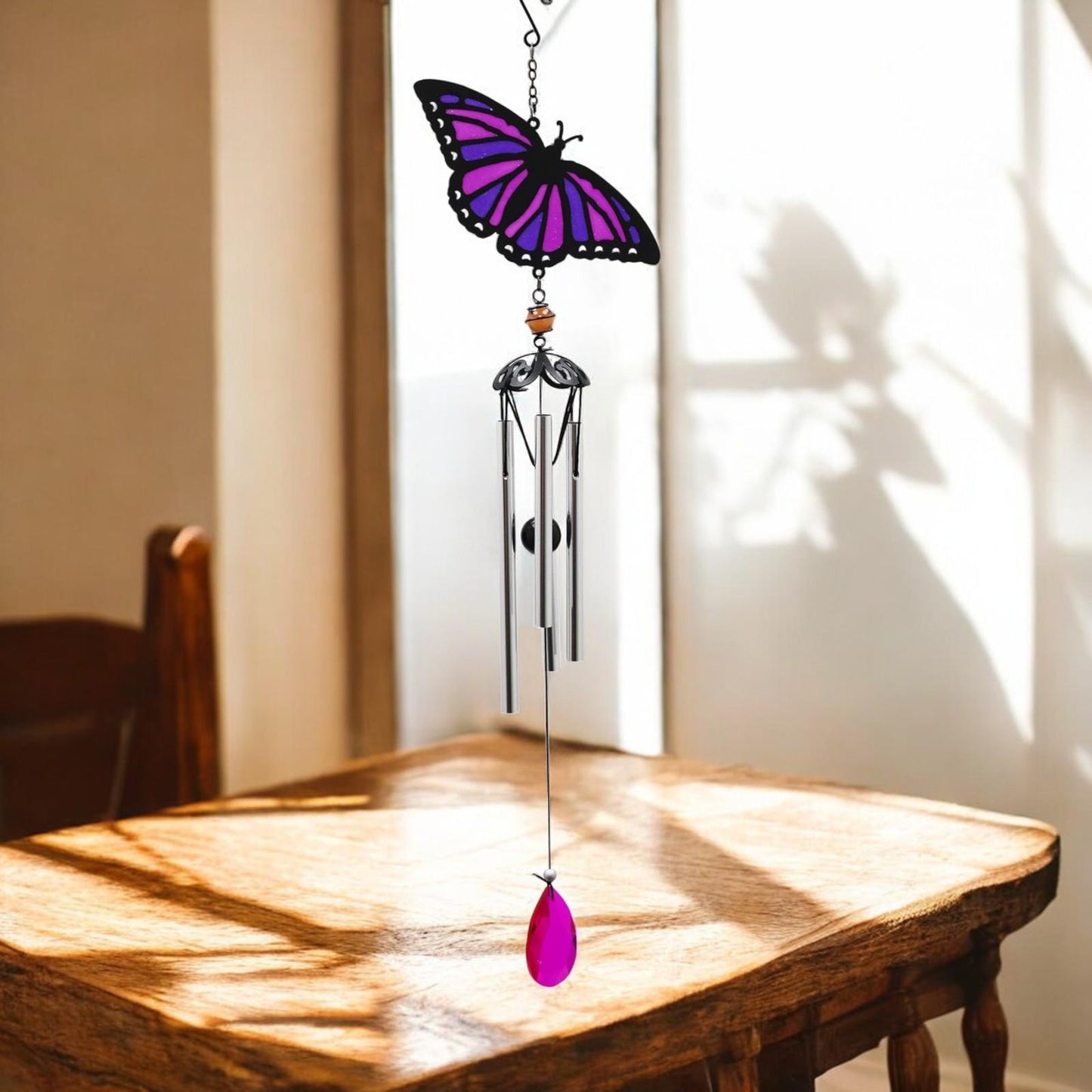 Suncatcher Purple Butterfly Wind Chime (58cm x 14cm x 6cm) β Handmade Metal & Glass Hanging Chime β Outdoor Garden Ornament