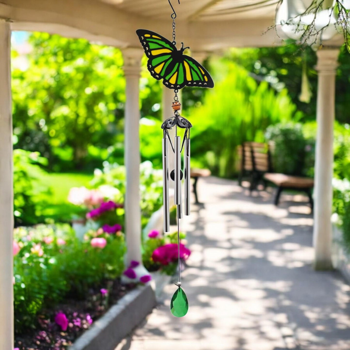 Suncatcher Green Butterfly Wind Chime (58cm x 14cm x 6cm) β Handmade Metal & Glass Hanging Chime β Outdoor Garden Ornament