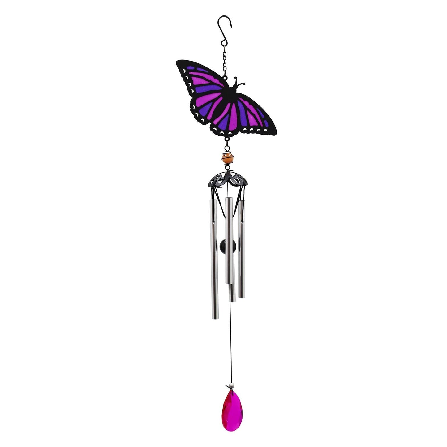 Suncatcher Purple Butterfly Wind Chime (58cm x 14cm x 6cm) β Handmade Metal & Glass Hanging Chime β Outdoor Garden Ornament