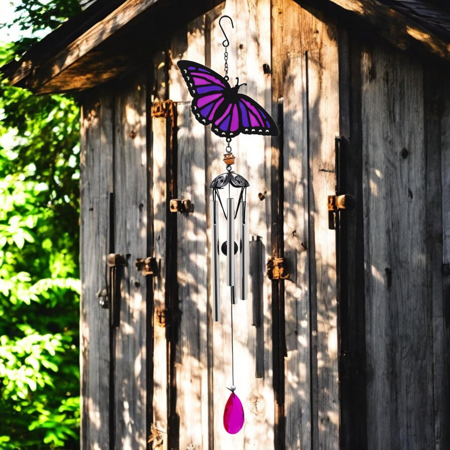 Suncatcher Purple Butterfly Wind Chime (58cm x 14cm x 6cm) β Handmade Metal & Glass Hanging Chime β Outdoor Garden Ornament