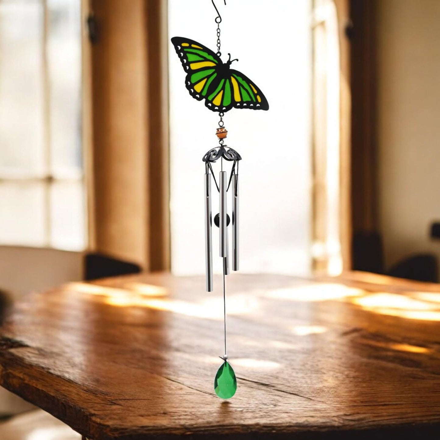 Suncatcher Green Butterfly Wind Chime (58cm x 14cm x 6cm) β Handmade Metal & Glass Hanging Chime β Outdoor Garden Ornament