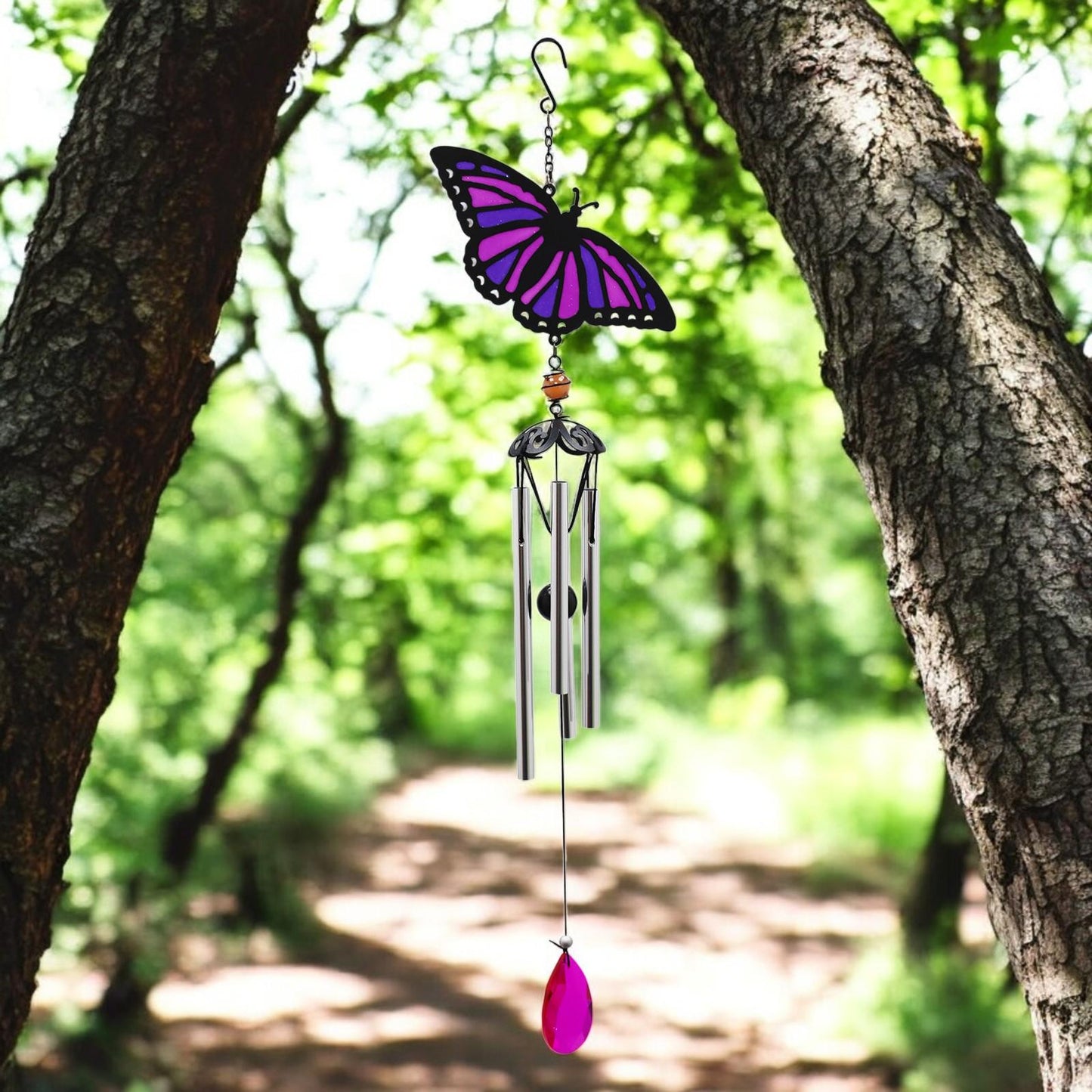 Suncatcher Purple Butterfly Wind Chime (58cm x 14cm x 6cm) β Handmade Metal & Glass Hanging Chime β Outdoor Garden Ornament