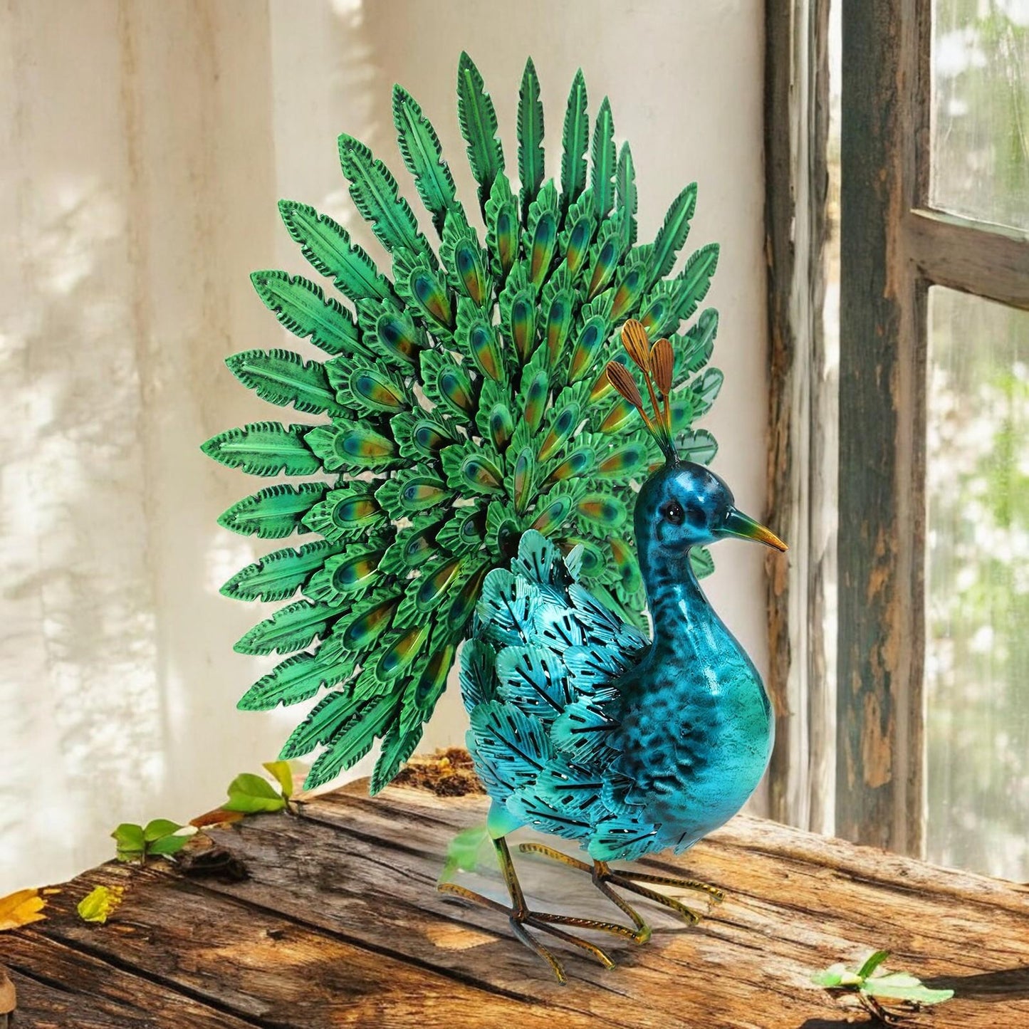 Vibrant Emerald Peacock (48cm x 43cm x 21cm) β Handcrafted Decorative Peacock Garden Ornament Farmyard Statue