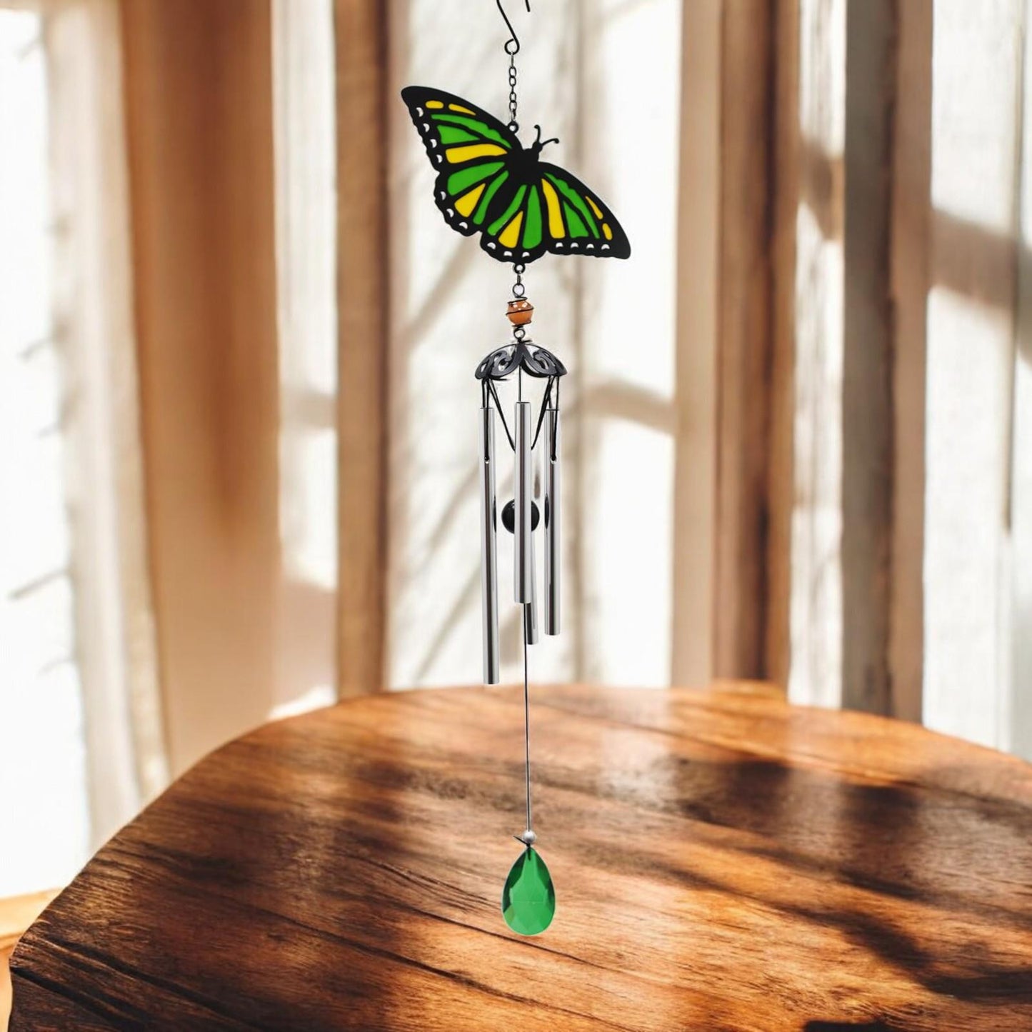 Suncatcher Green Butterfly Wind Chime (58cm x 14cm x 6cm) β Handmade Metal & Glass Hanging Chime β Outdoor Garden Ornament