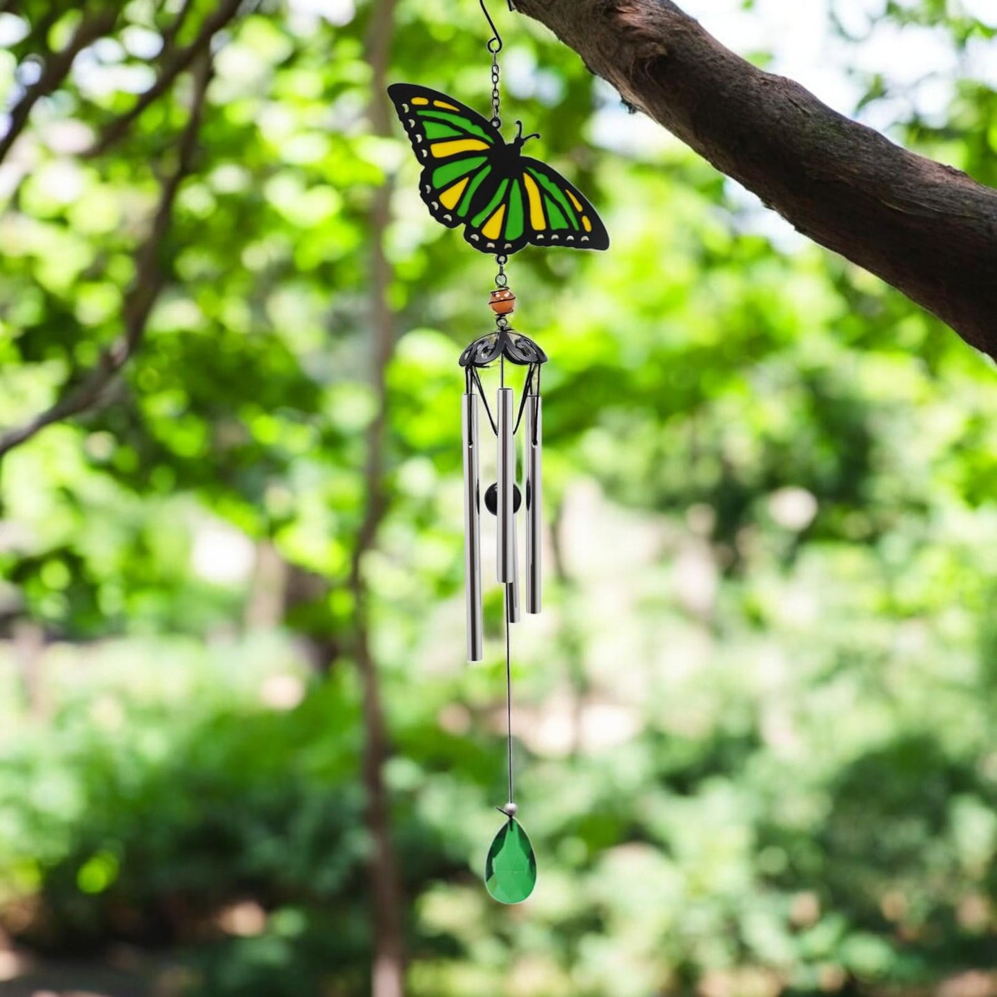 Suncatcher Green Butterfly Wind Chime (58cm x 14cm x 6cm) β Handmade Metal & Glass Hanging Chime β Outdoor Garden Ornament