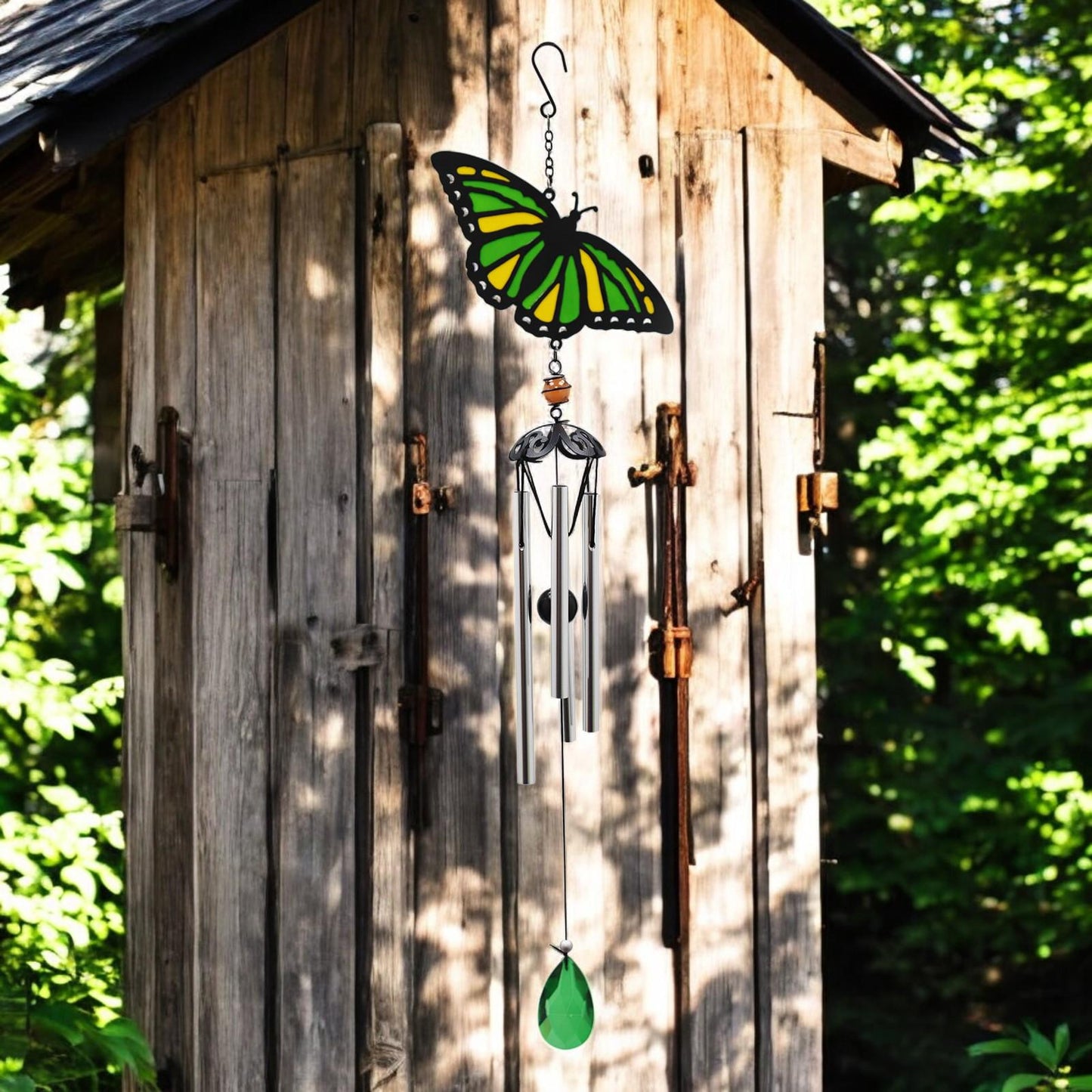 Suncatcher Green Butterfly Wind Chime (58cm x 14cm x 6cm) β Handmade Metal & Glass Hanging Chime β Outdoor Garden Ornament