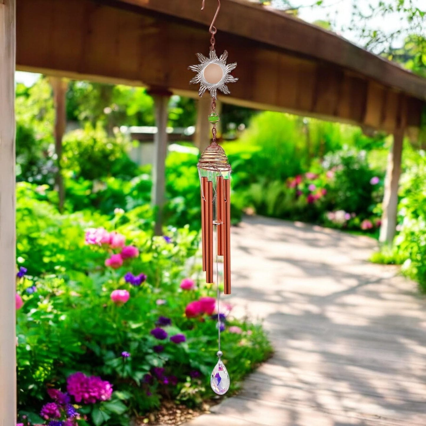 Rose Gold Sun Wind Chime – 58cm x 8cm x 6cm | Elegant Solar-Themed Metal Wind Chime for Outdoor & Indoor Décor | Soothing Melodic Chime