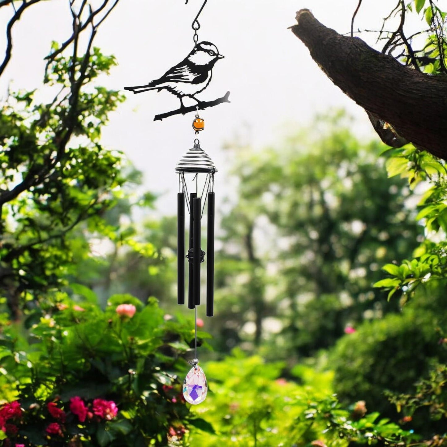 Silhouette Blue Tit Wind Chime – Black, 58cm x 14cm x 6cm | Elegant Hanging Bird Chime for Garden, Patio & Home | Outdoor Décor