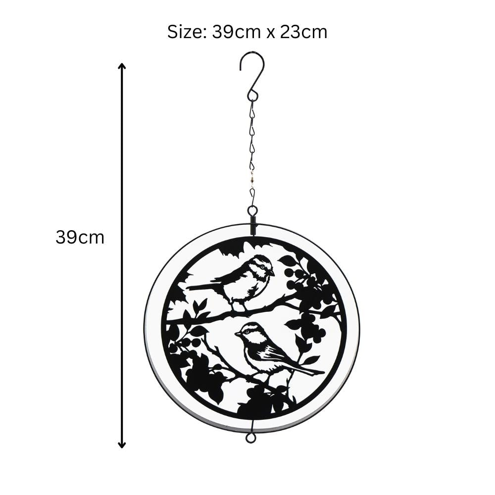Black Metal Blue Tit Hanging Silhouette Orbit Spinner – 39cm x 23cm | Elegant Garden & Patio Décor | Wind Spinner for Outdoor Spaces