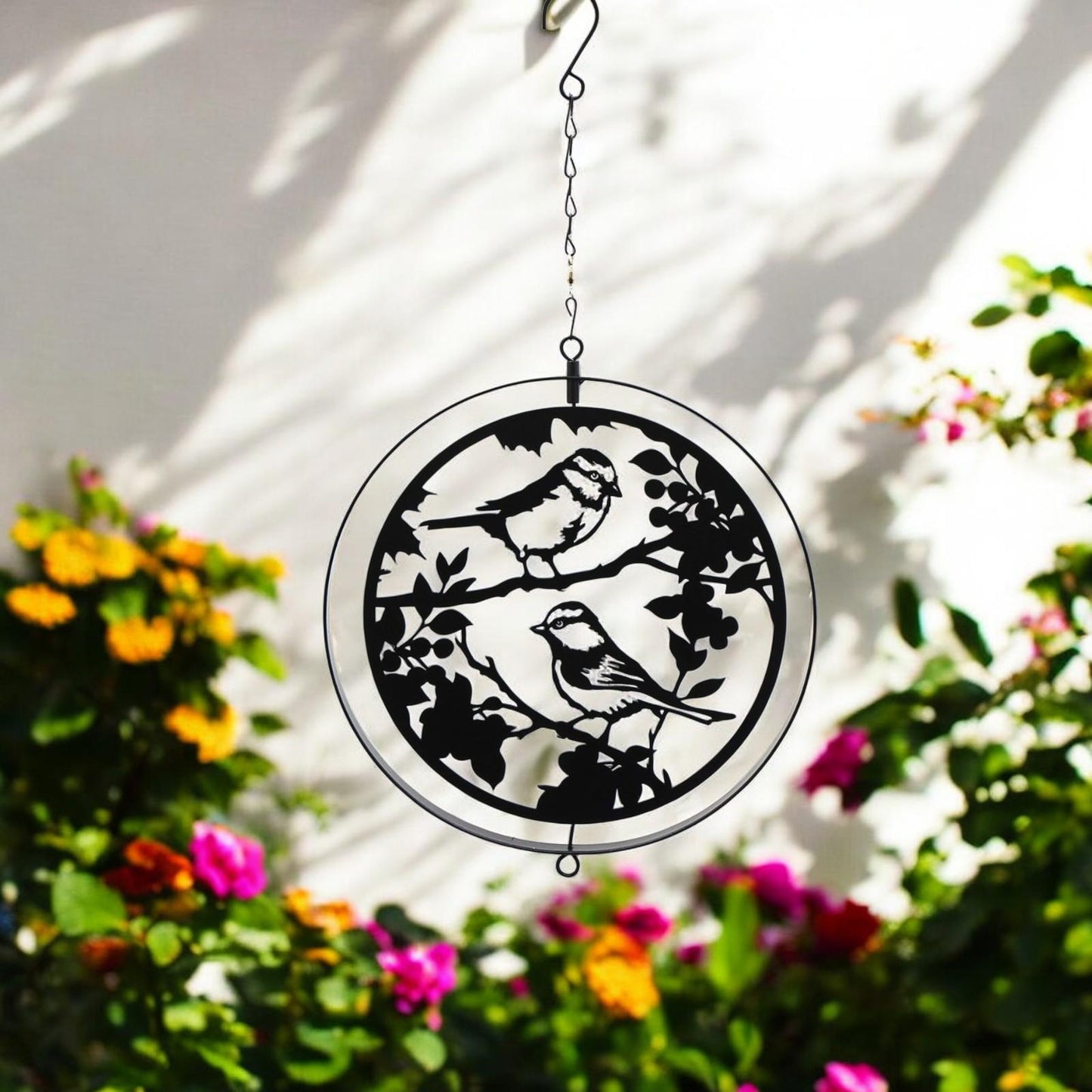 Black Metal Blue Tit Hanging Silhouette Orbit Spinner – 39cm x 23cm | Elegant Garden & Patio Décor | Wind Spinner for Outdoor Spaces