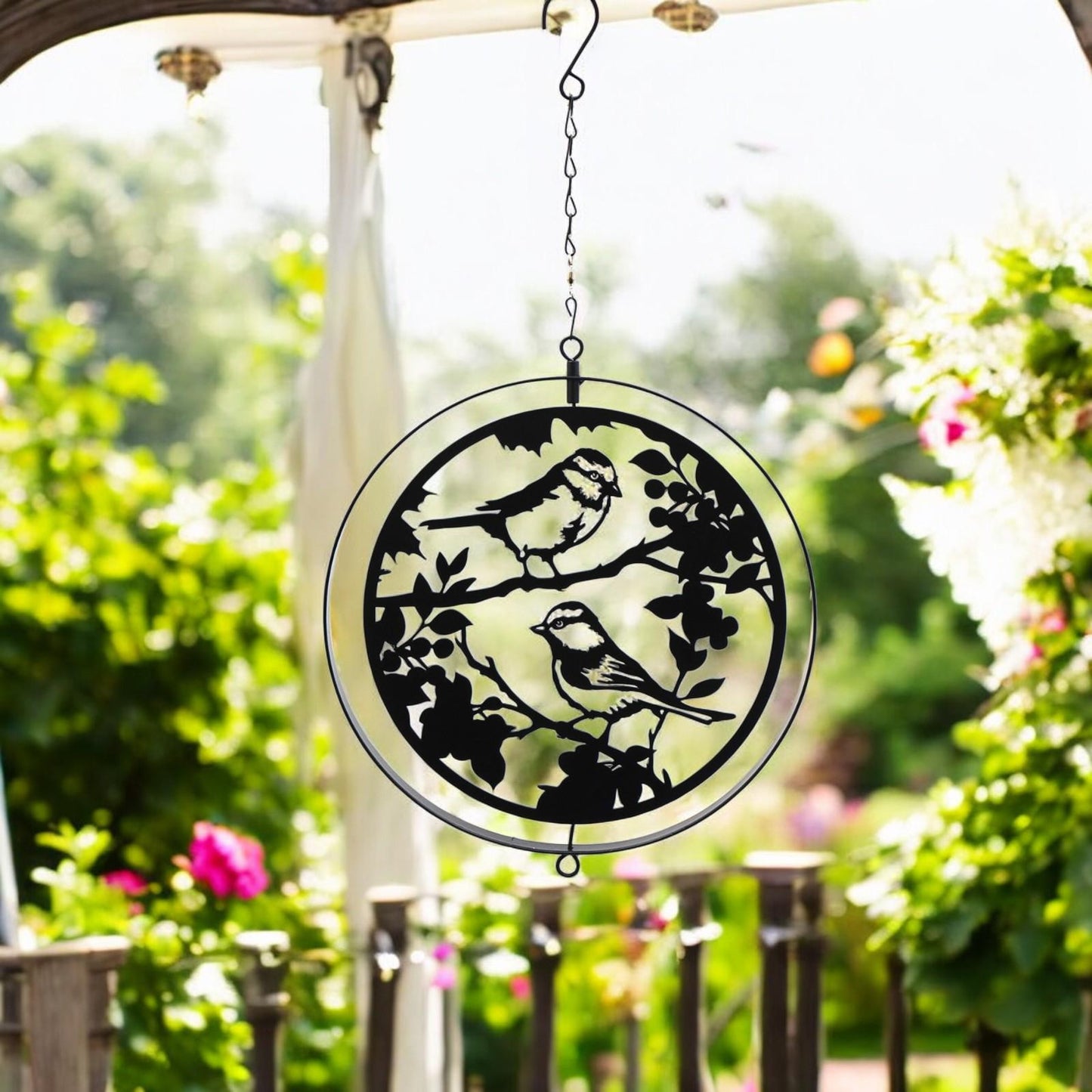 Black Metal Blue Tit Hanging Silhouette Orbit Spinner – 39cm x 23cm | Elegant Garden & Patio Décor | Wind Spinner for Outdoor Spaces