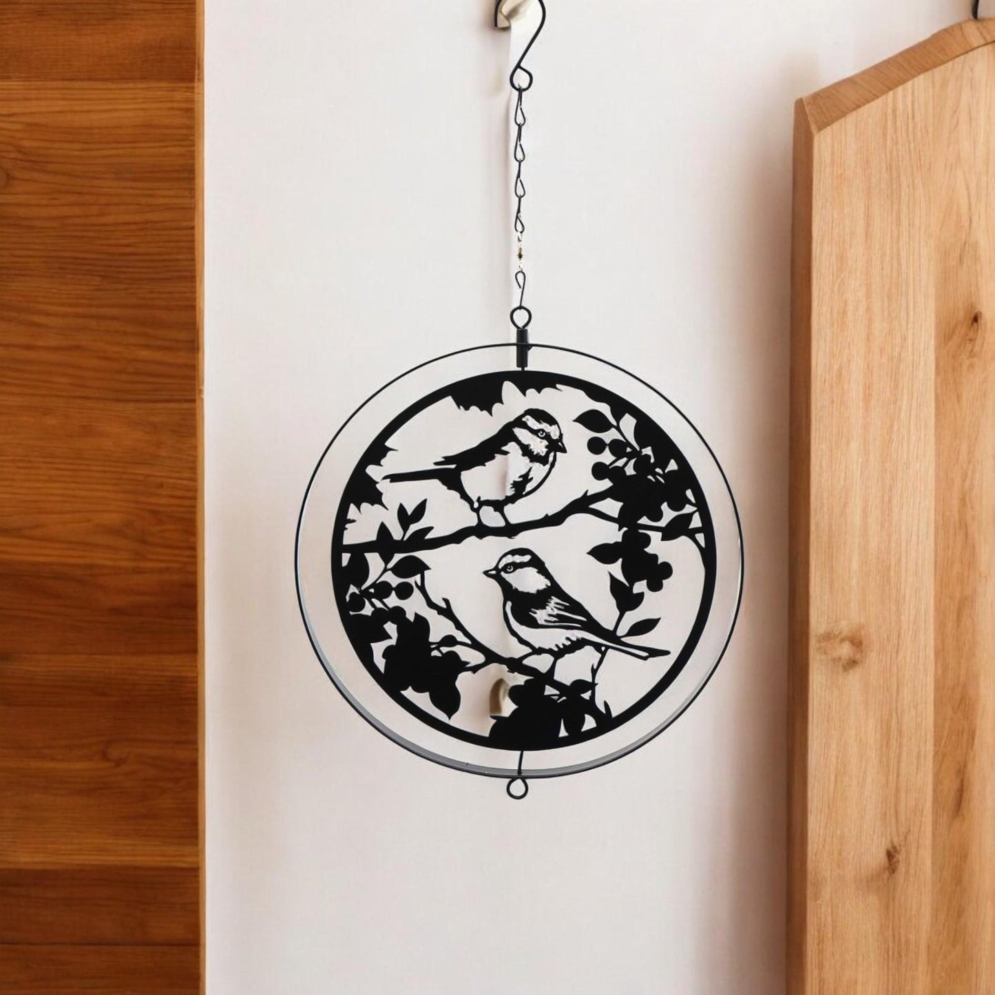 Black Metal Blue Tit Hanging Silhouette Orbit Spinner – 39cm x 23cm | Elegant Garden & Patio Décor | Wind Spinner for Outdoor Spaces