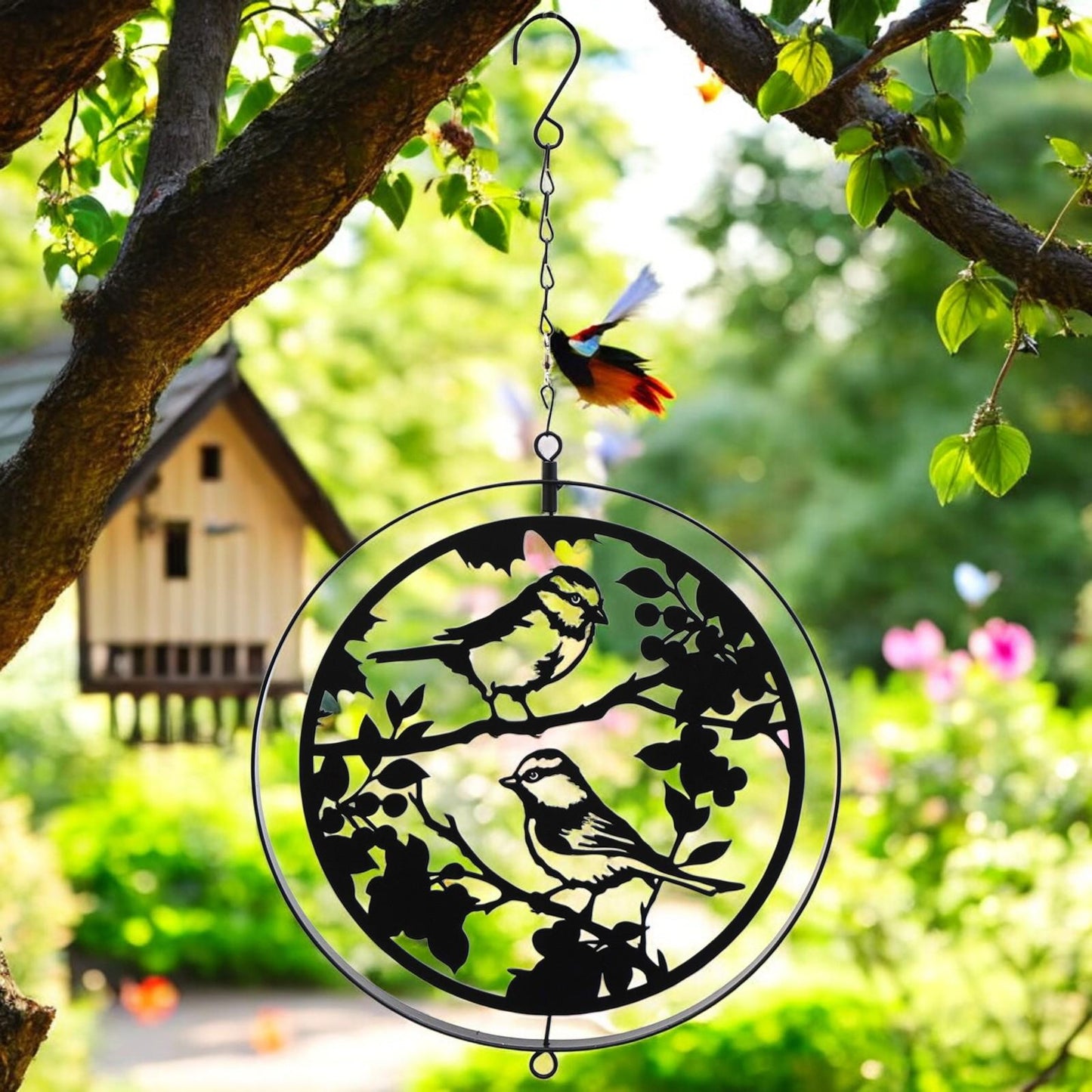 Black Metal Blue Tit Hanging Silhouette Orbit Spinner – 39cm x 23cm | Elegant Garden & Patio Décor | Wind Spinner for Outdoor Spaces