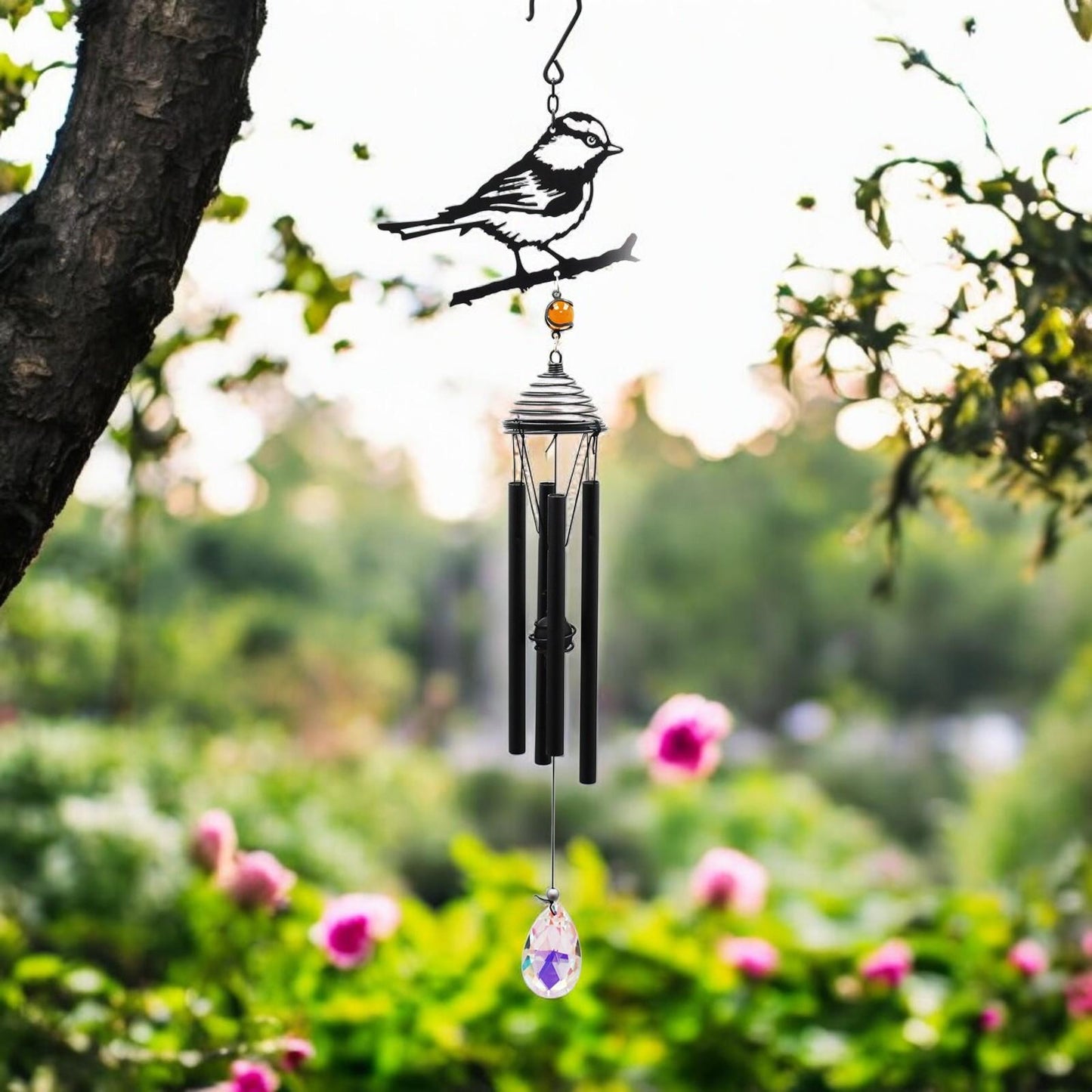 Silhouette Blue Tit Wind Chime – Black, 58cm x 14cm x 6cm | Elegant Hanging Bird Chime for Garden, Patio & Home | Outdoor Décor