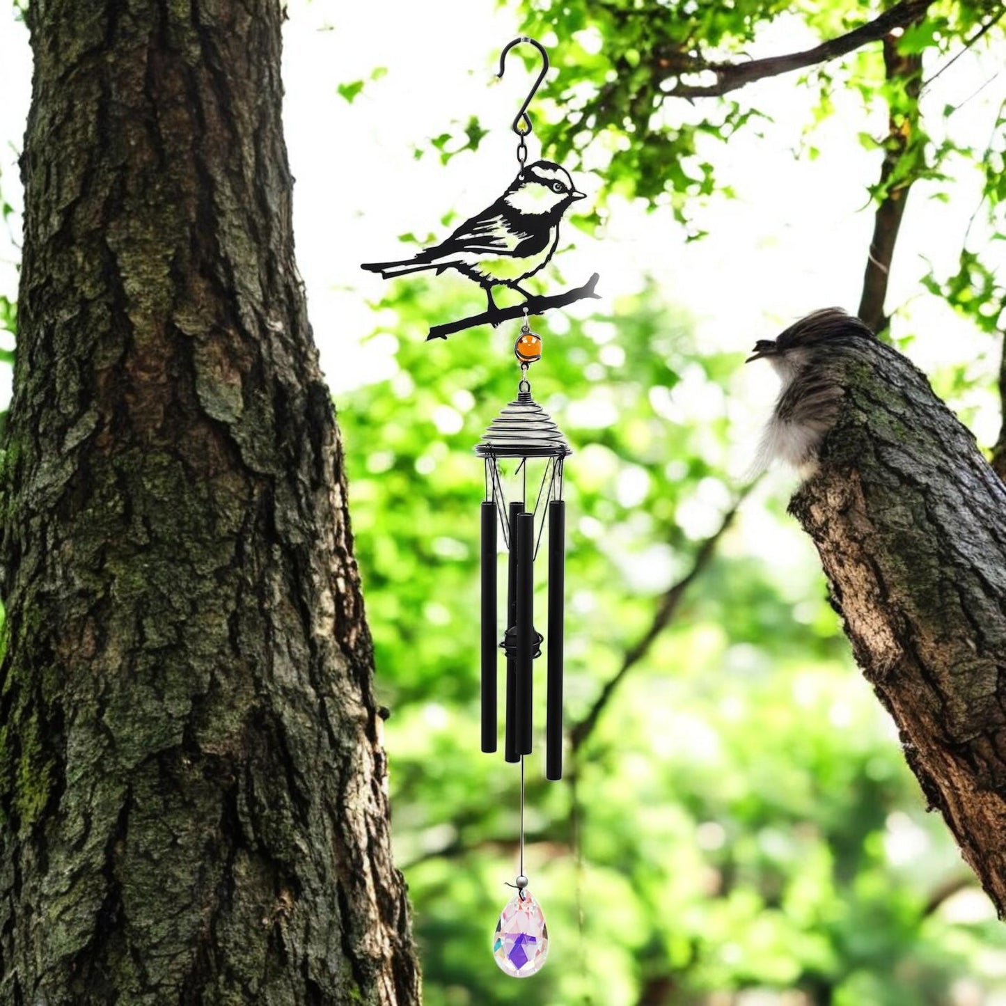Silhouette Blue Tit Wind Chime – Black, 58cm x 14cm x 6cm | Elegant Hanging Bird Chime for Garden, Patio & Home | Outdoor Décor