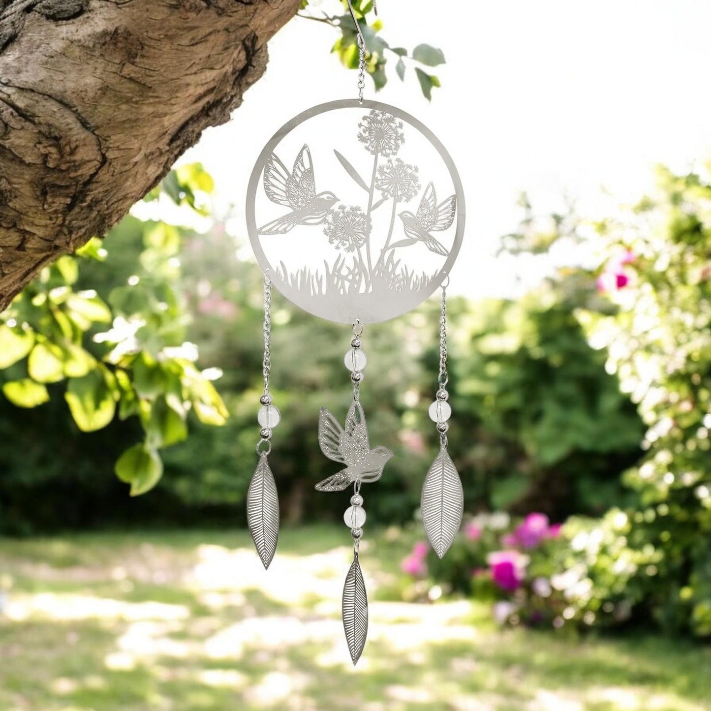 Bird Stainless Steel Hanging Dreamcatcher – 59cm x 18cm | Elegant Metal Wind Spinner for Indoor & Outdoor Décor