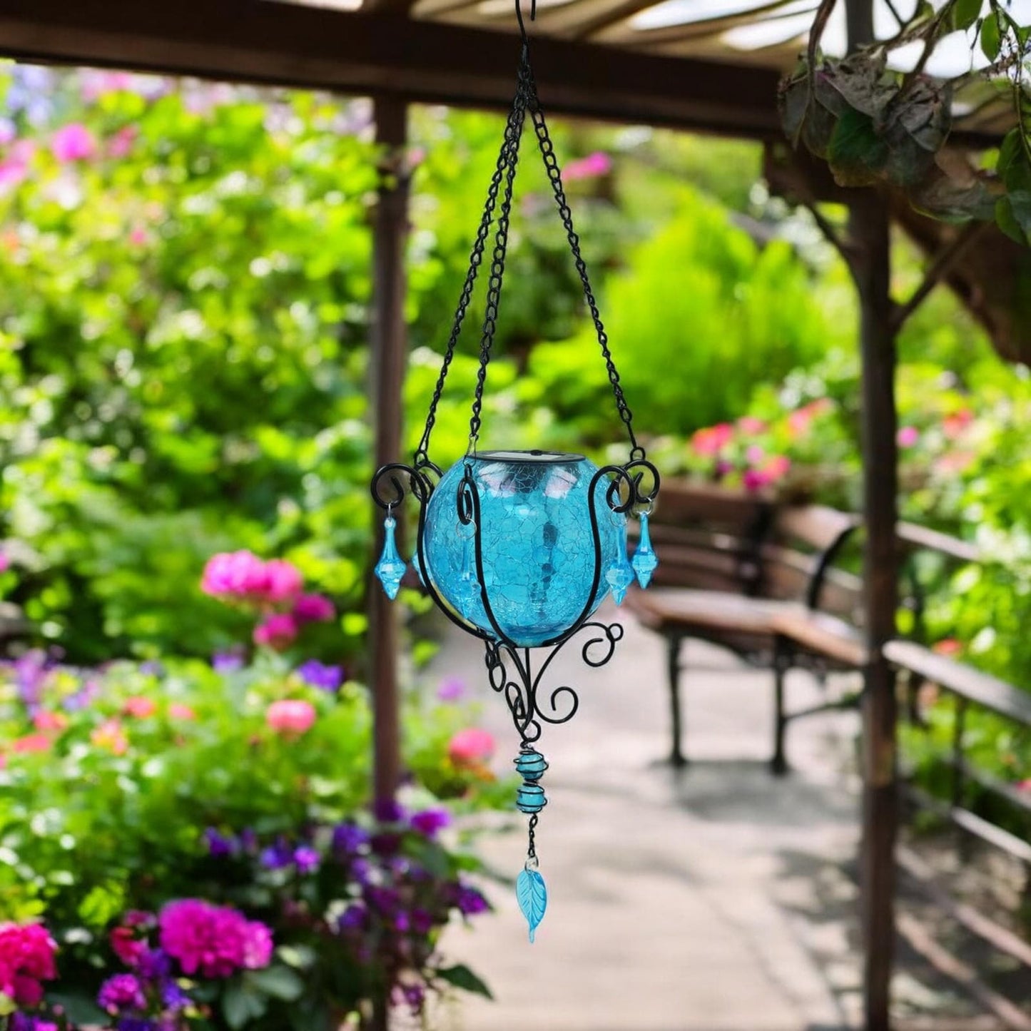 Mystic Moroccan Clear Aquamarine Solar Lantern β 55cm | Solar-Powered Outdoor Lantern with Intricate Moroccan Design