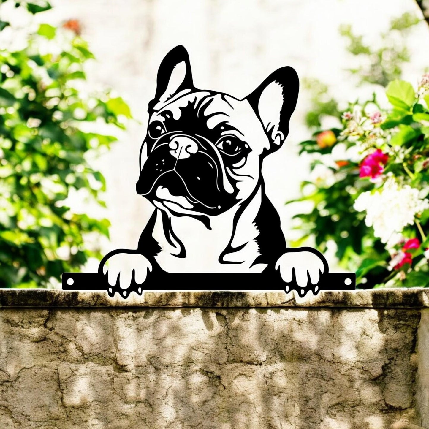 Metal Frenchie Peeking Dog Silhouette – 28cm x 32cm | Decorative Metal French Bulldog Art for Home & Garden Décor
