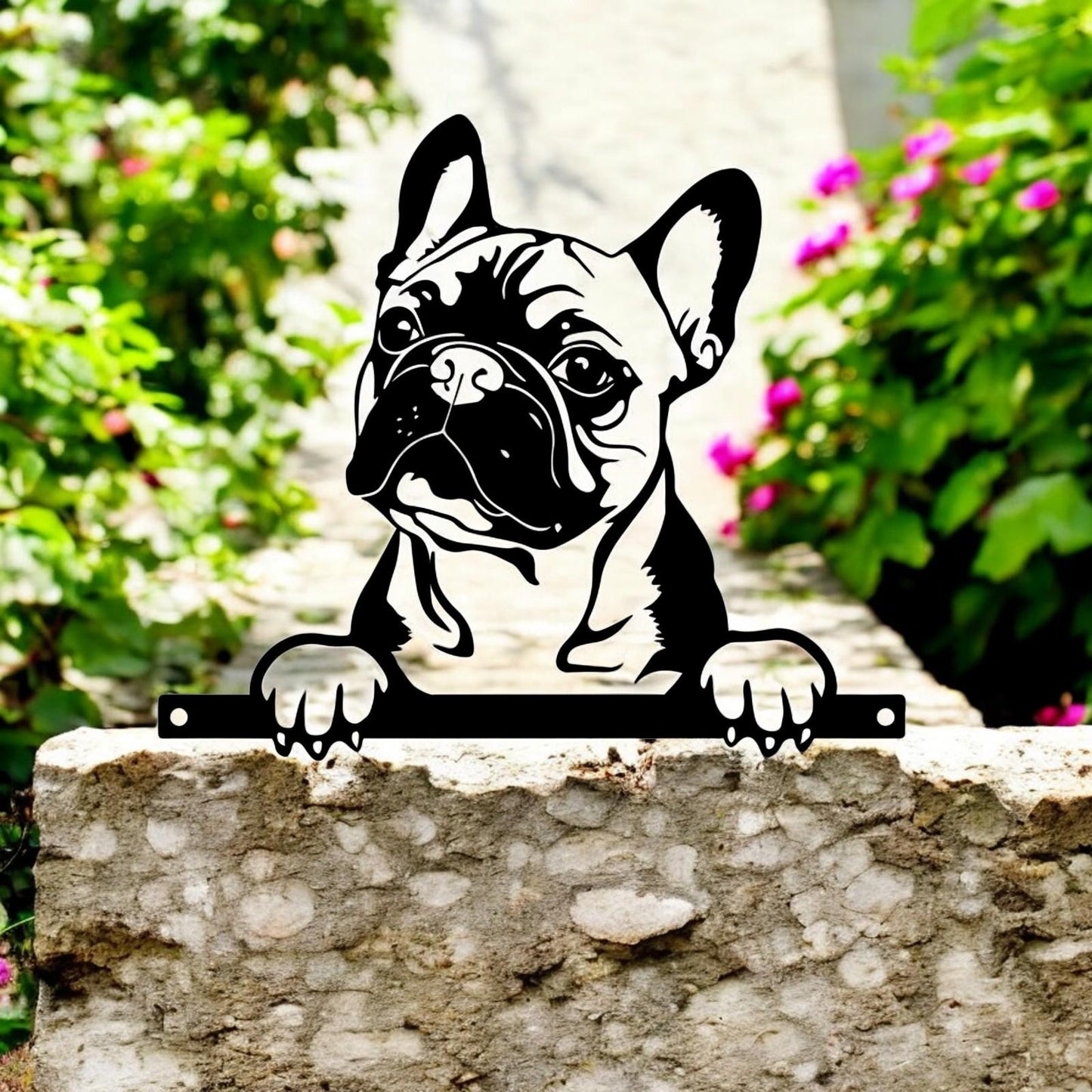 Metal Frenchie Peeking Dog Silhouette – 28cm x 32cm | Decorative Metal French Bulldog Art for Home & Garden Décor